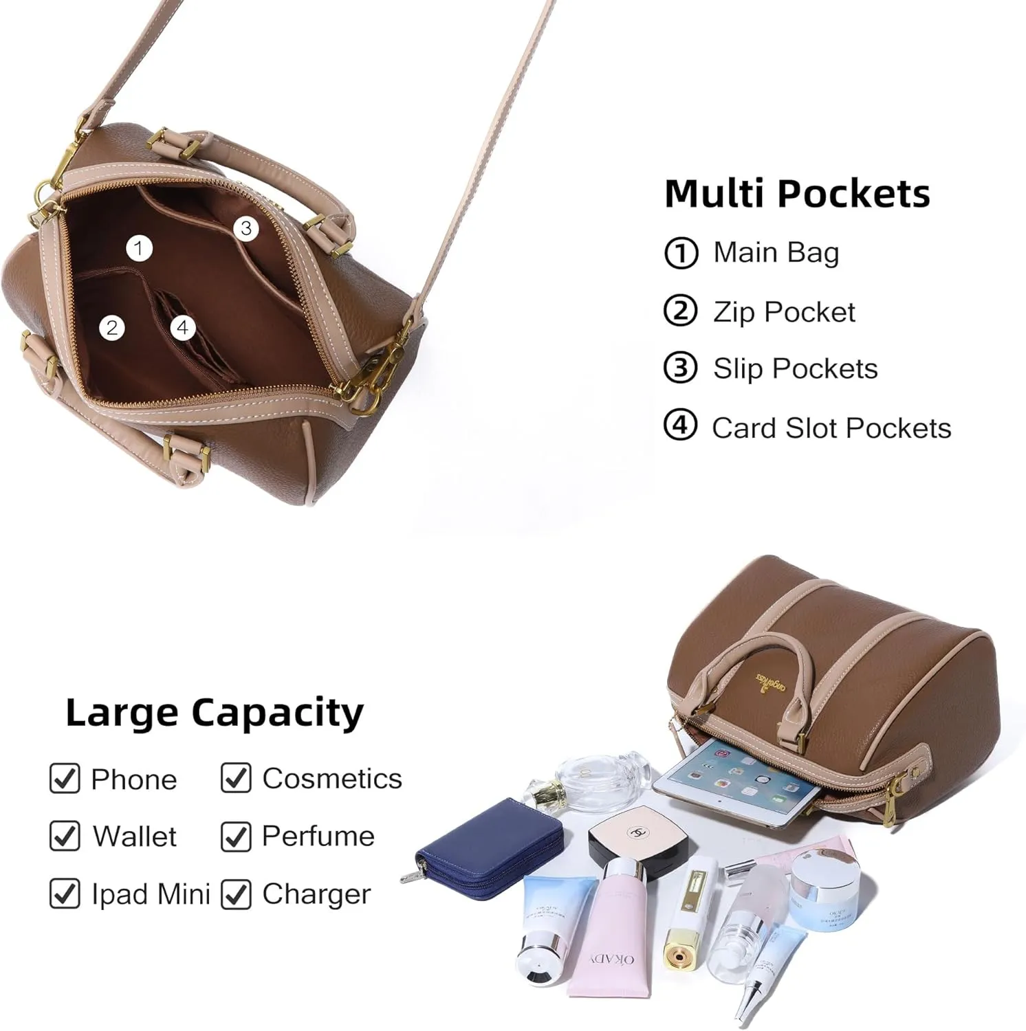 Angel Kiss Women Satchel Purses and Handbags Vegan Leather Boston Barrel Bag Top Handle Shoulder Purse with Crossbody Strap