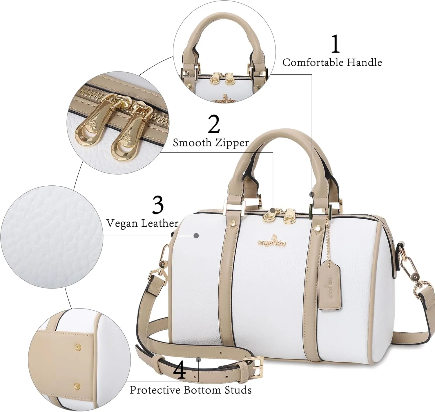 Angel Kiss Women Satchel Purses and Handbags Vegan Leather Boston Barrel Bag Top Handle Shoulder Purse with Crossbody Strap