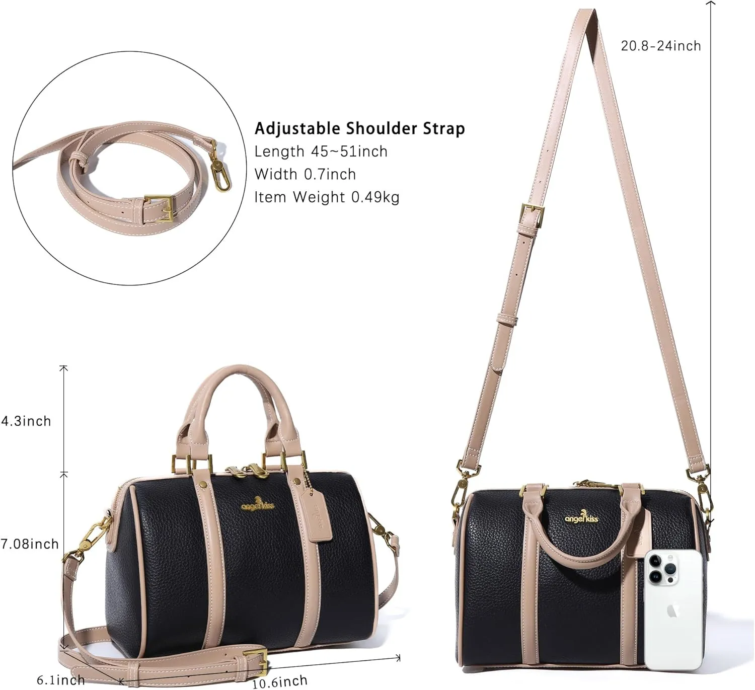 Angel Kiss Women Satchel Purses and Handbags Vegan Leather Boston Barrel Bag Top Handle Shoulder Purse with Crossbody Strap