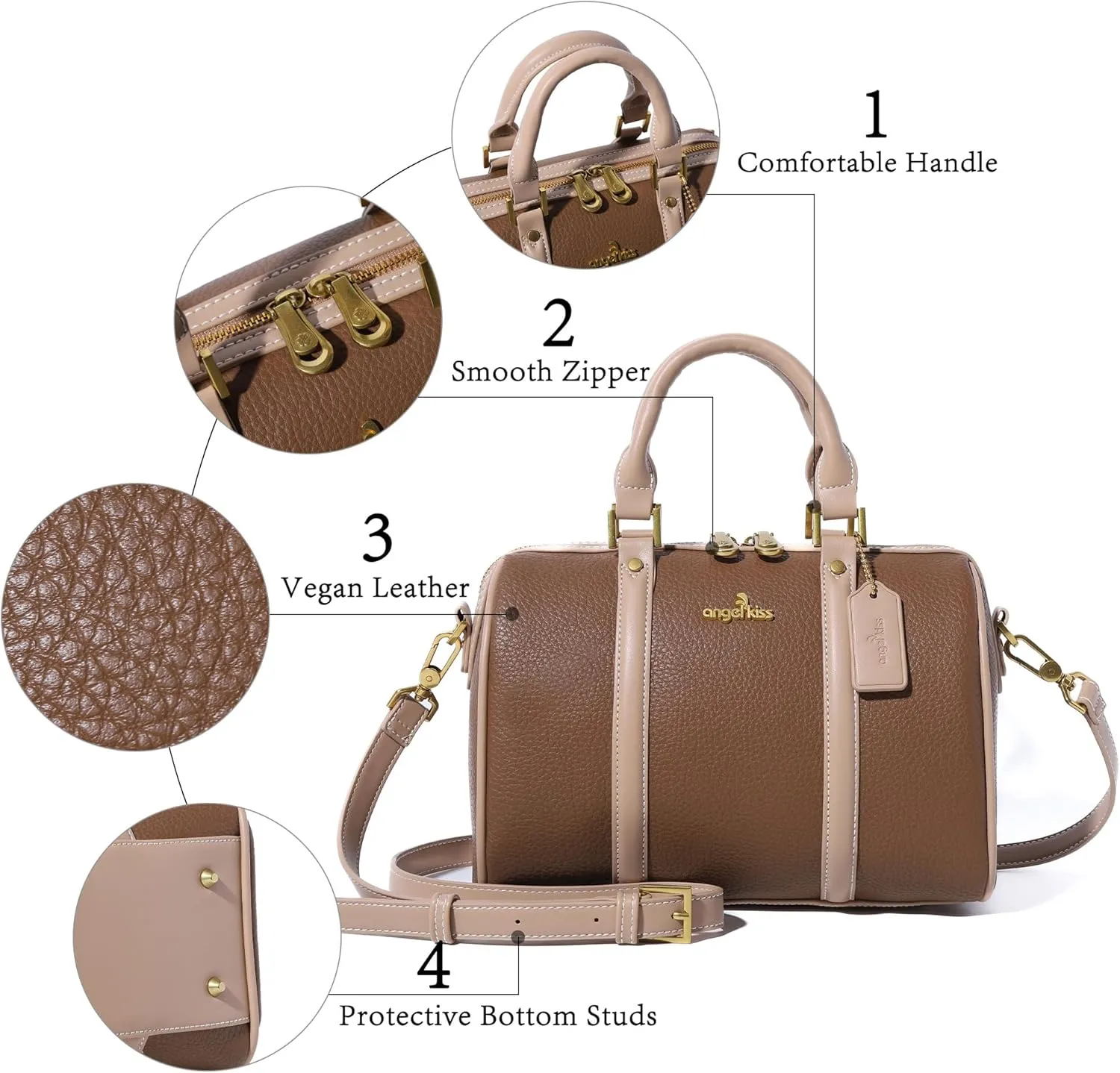 Angel Kiss Women Satchel Purses and Handbags Vegan Leather Boston Barrel Bag Top Handle Shoulder Purse with Crossbody Strap