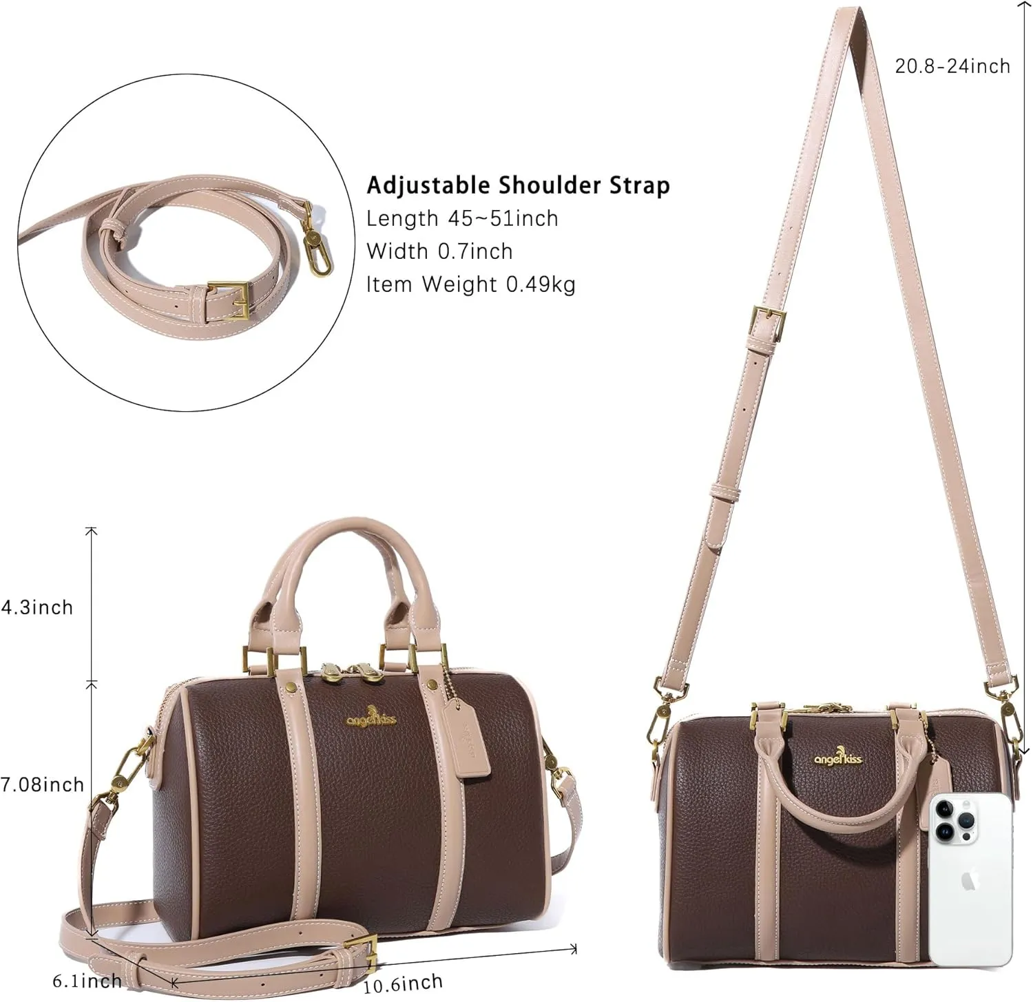 Angel Kiss Women Satchel Purses and Handbags Vegan Leather Boston Barrel Bag Top Handle Shoulder Purse with Crossbody Strap