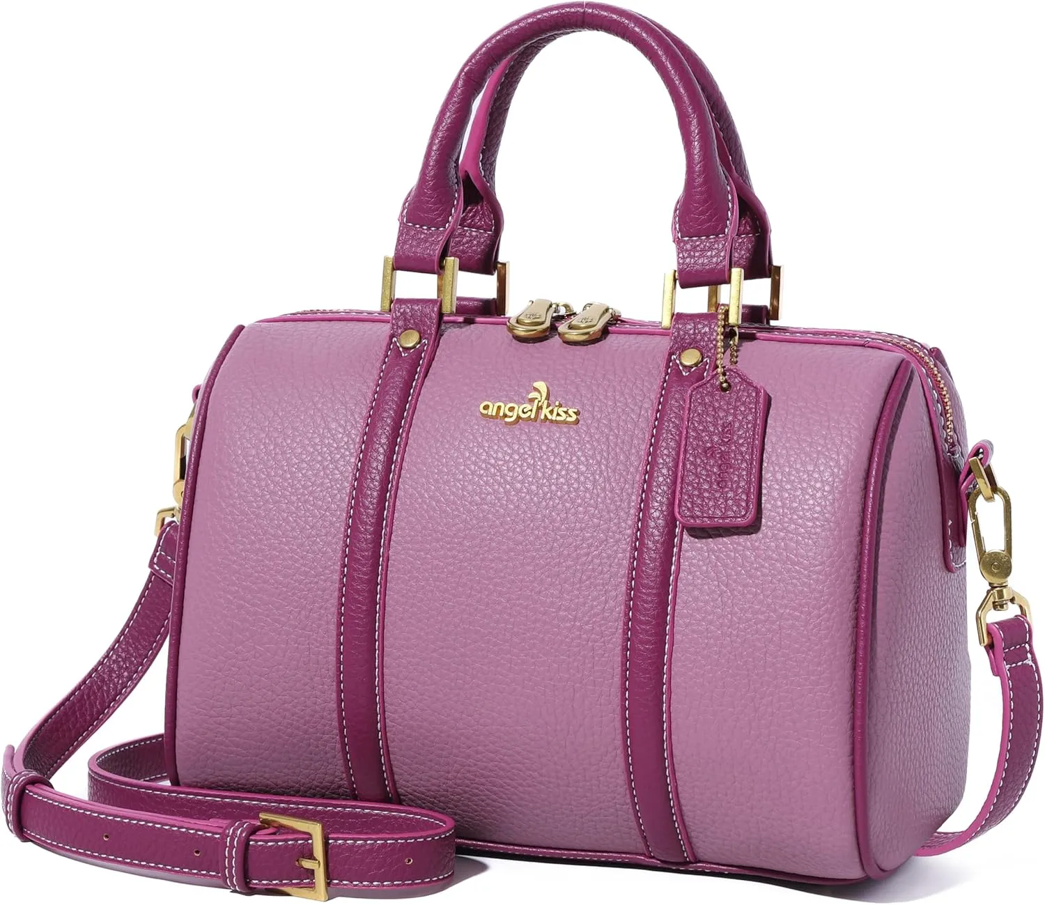 Angel Kiss Women Satchel Purses and Handbags Vegan Leather Boston Barrel Bag Top Handle Shoulder Purse with Crossbody Strap