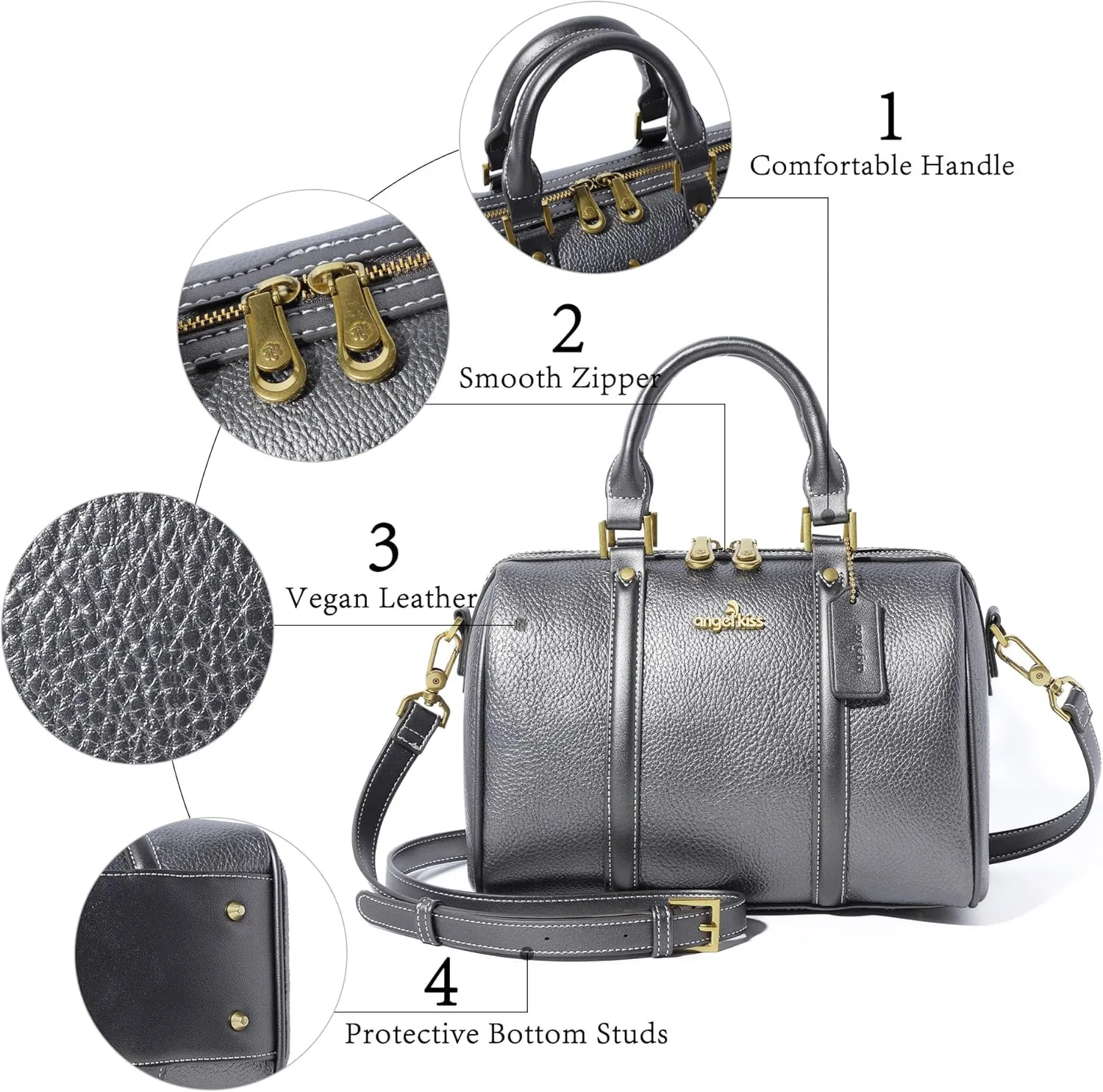 Angel Kiss Women Satchel Purses and Handbags Vegan Leather Boston Barrel Bag Top Handle Shoulder Purse with Crossbody Strap