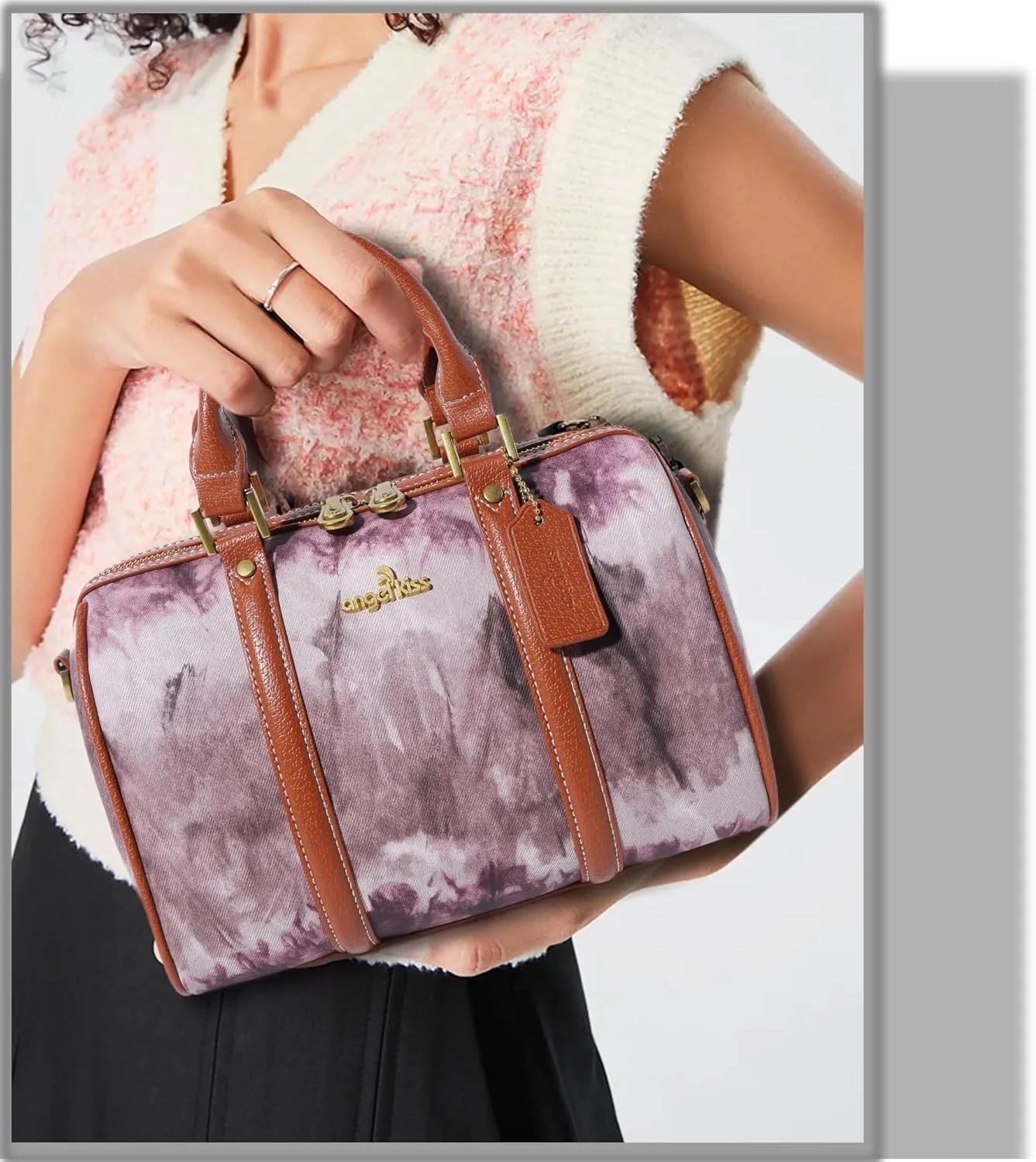 Angel Kiss Women Satchel Purses and Handbags Vegan Leather Boston Barrel Bag Top Handle Shoulder Purse with Crossbody Strap