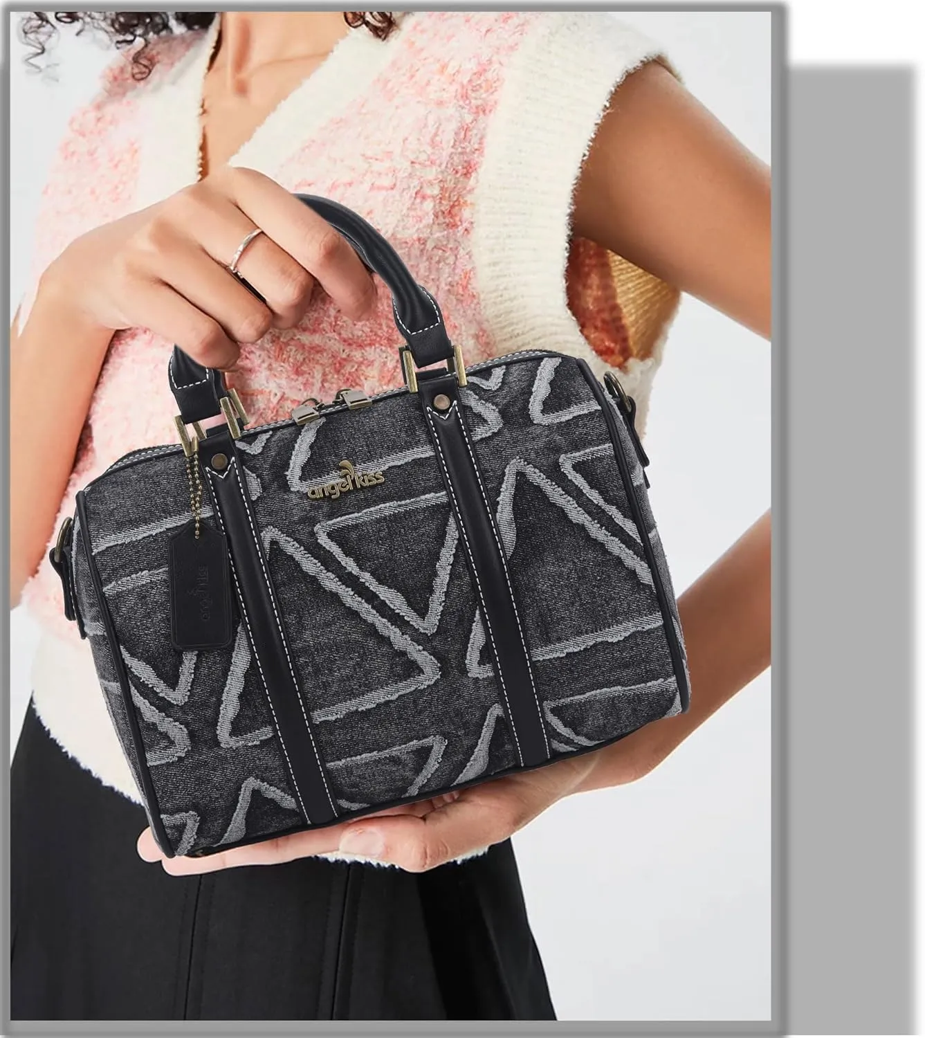 Angel Kiss Women Satchel Purses and Handbags Vegan Leather Boston Barrel Bag Top Handle Shoulder Purse with Crossbody Strap