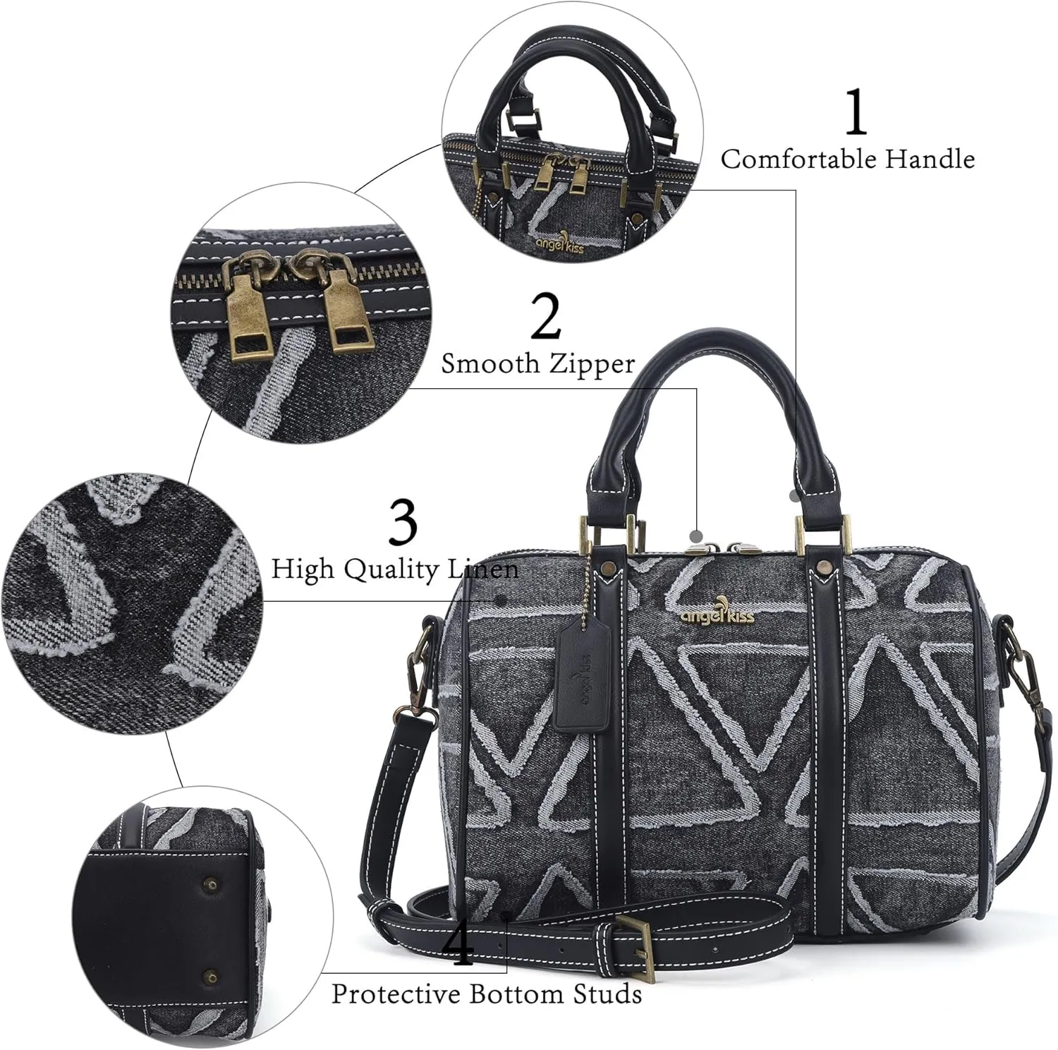 Angel Kiss Women Satchel Purses and Handbags Vegan Leather Boston Barrel Bag Top Handle Shoulder Purse with Crossbody Strap