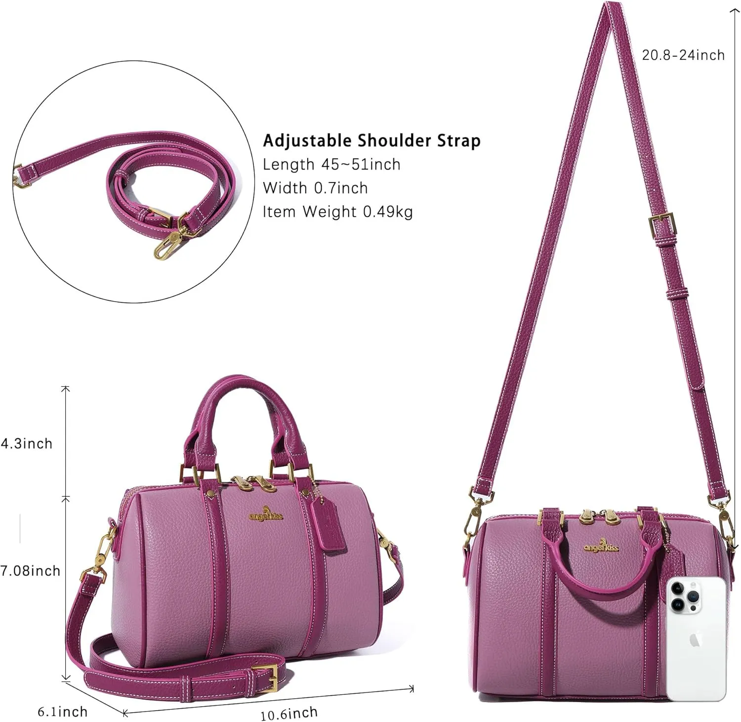 Angel Kiss Women Satchel Purses and Handbags Vegan Leather Boston Barrel Bag Top Handle Shoulder Purse with Crossbody Strap