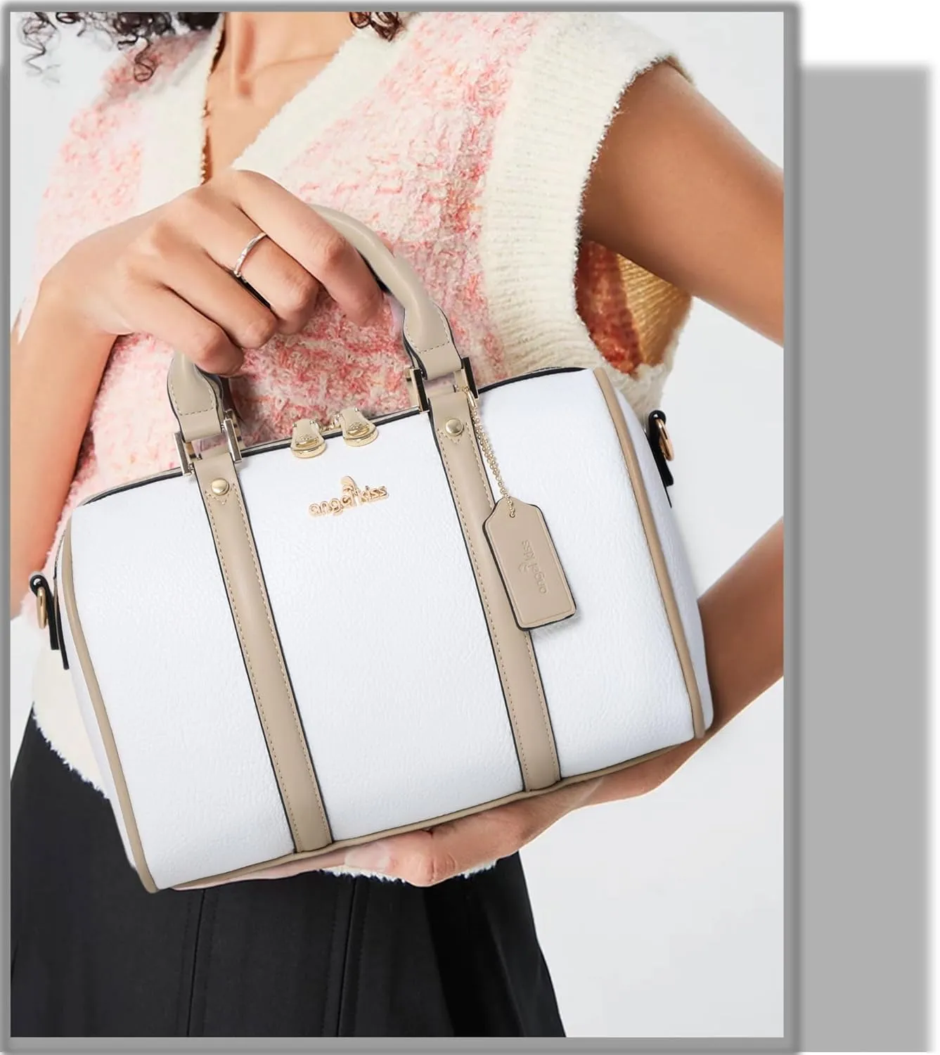Angel Kiss Women Satchel Purses and Handbags Vegan Leather Boston Barrel Bag Top Handle Shoulder Purse with Crossbody Strap