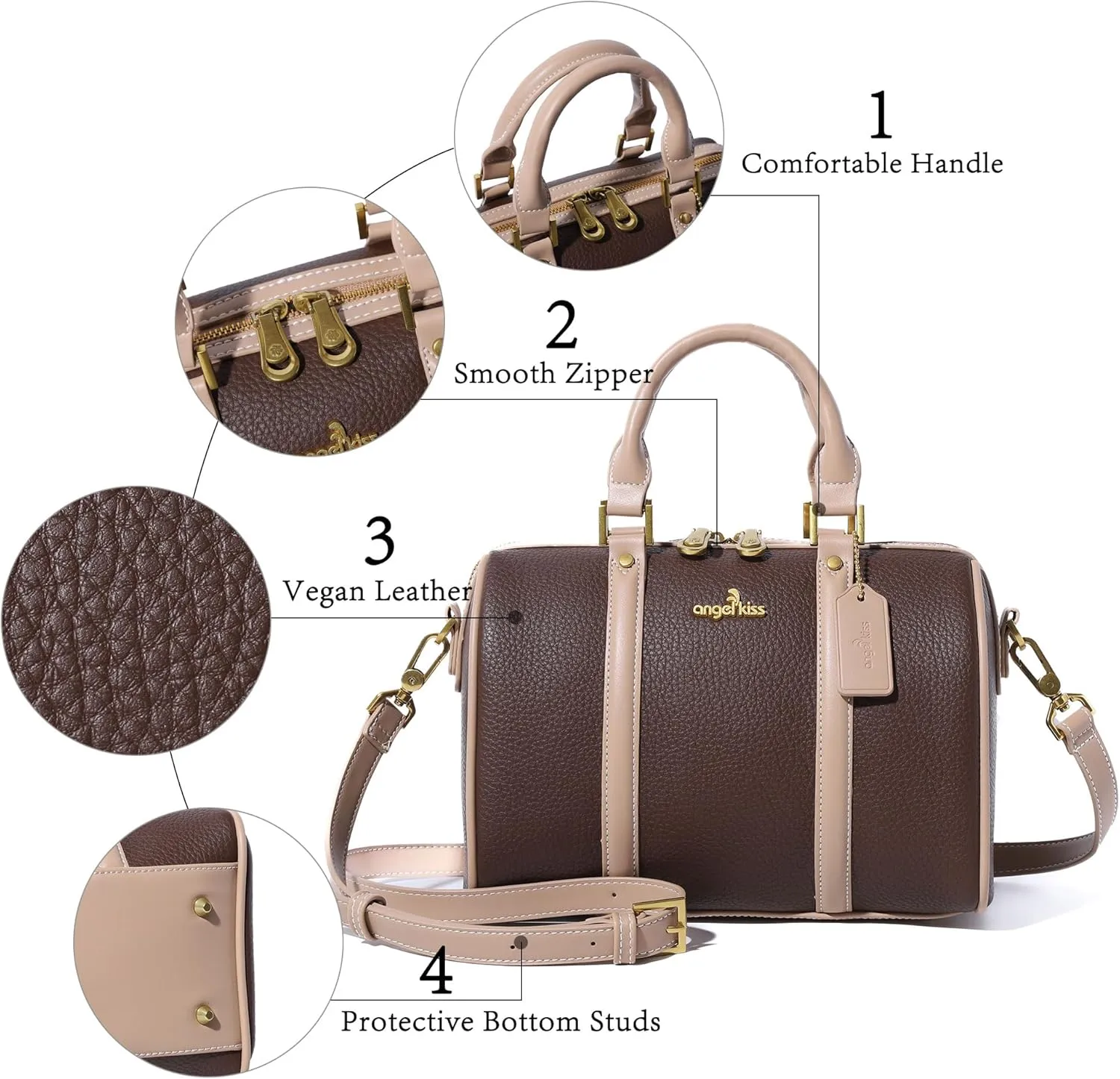 Angel Kiss Women Satchel Purses and Handbags Vegan Leather Boston Barrel Bag Top Handle Shoulder Purse with Crossbody Strap