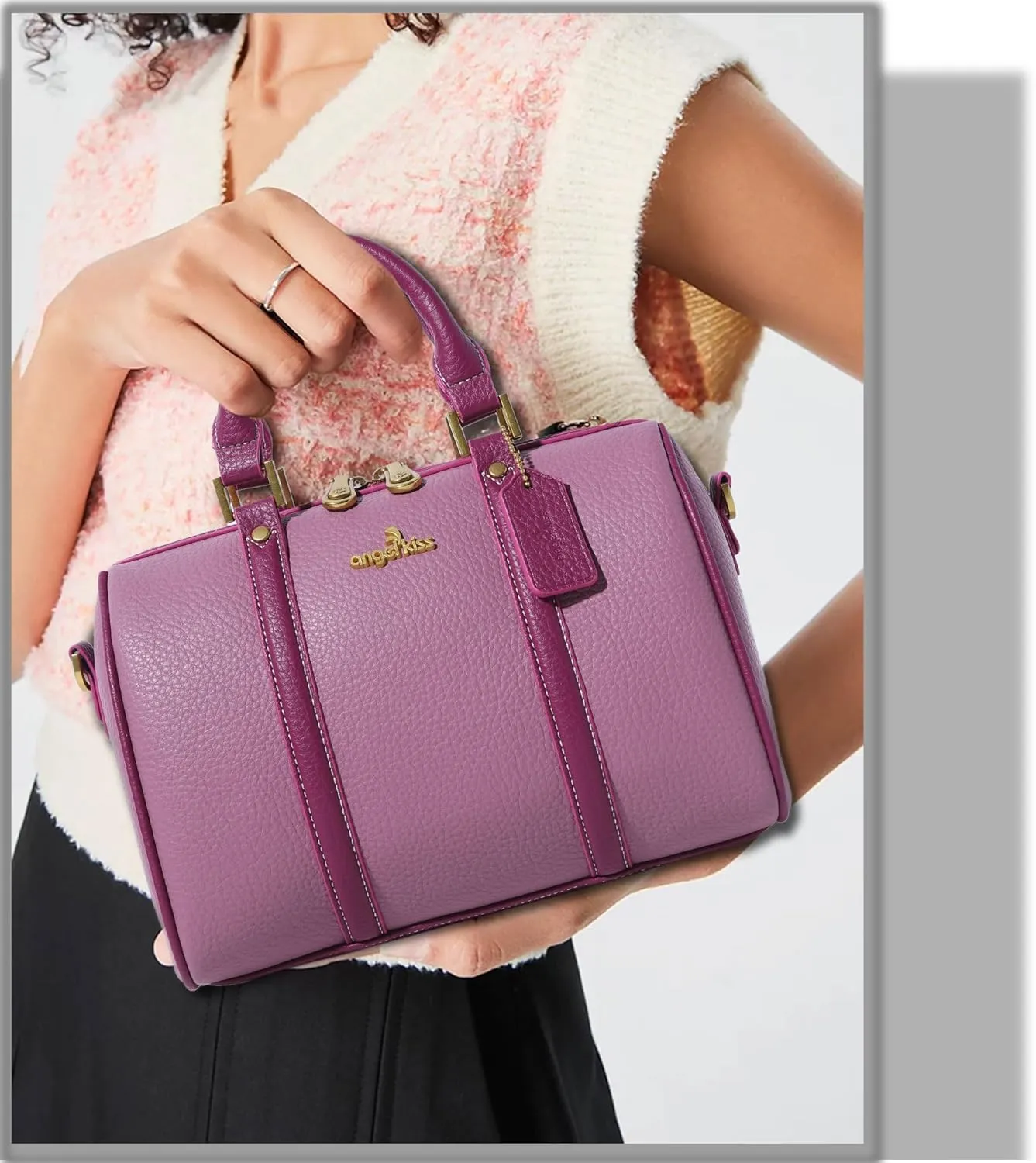Angel Kiss Women Satchel Purses and Handbags Vegan Leather Boston Barrel Bag Top Handle Shoulder Purse with Crossbody Strap
