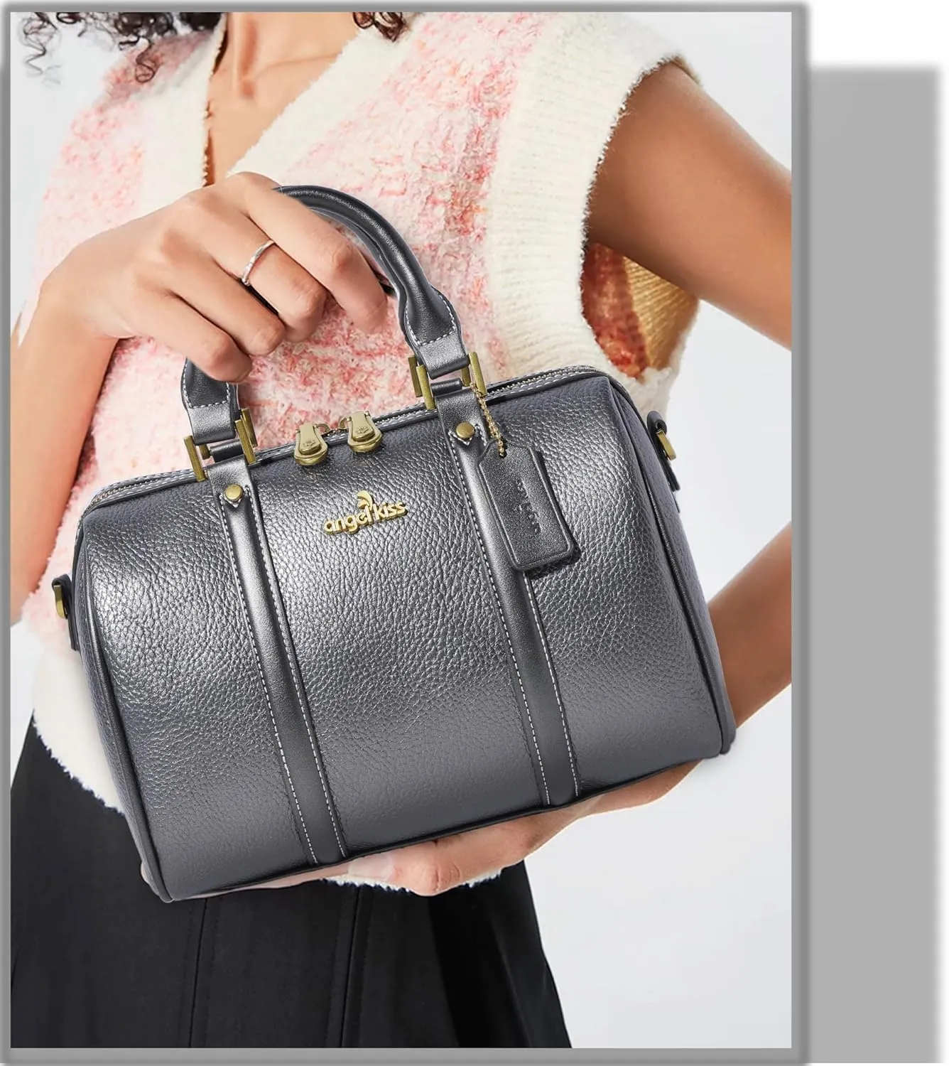 Angel Kiss Women Satchel Purses and Handbags Vegan Leather Boston Barrel Bag Top Handle Shoulder Purse with Crossbody Strap