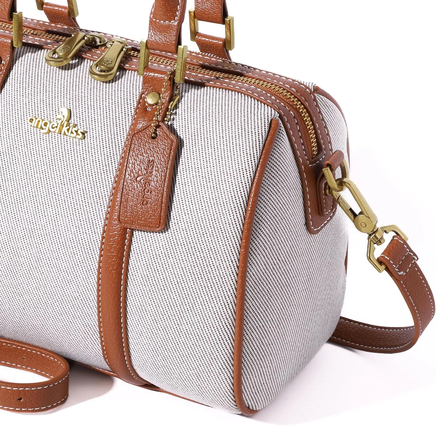 Angel Kiss Women Satchel Purses and Handbags Vegan Leather Boston Barrel Bag Top Handle Shoulder Purse with Crossbody Strap