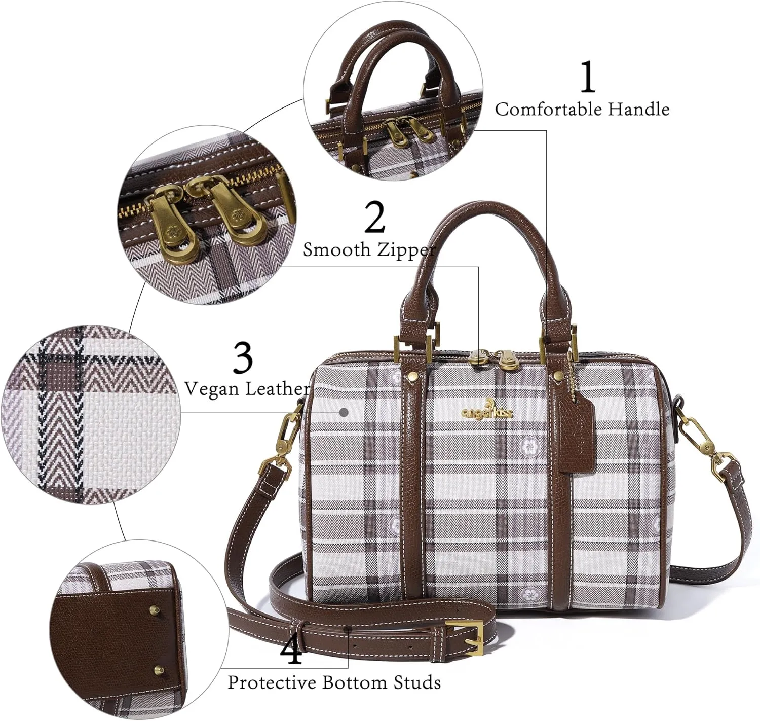 Angel Kiss Women Satchel Purses and Handbags Vegan Leather Boston Barrel Bag Top Handle Shoulder Purse with Crossbody Strap