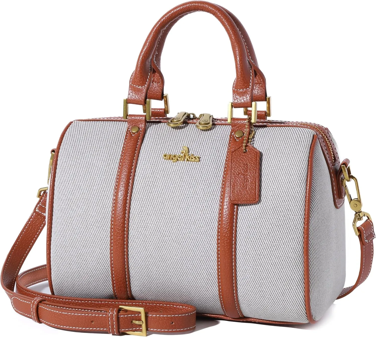 Angel Kiss Women Satchel Purses and Handbags Vegan Leather Boston Barrel Bag Top Handle Shoulder Purse with Crossbody Strap