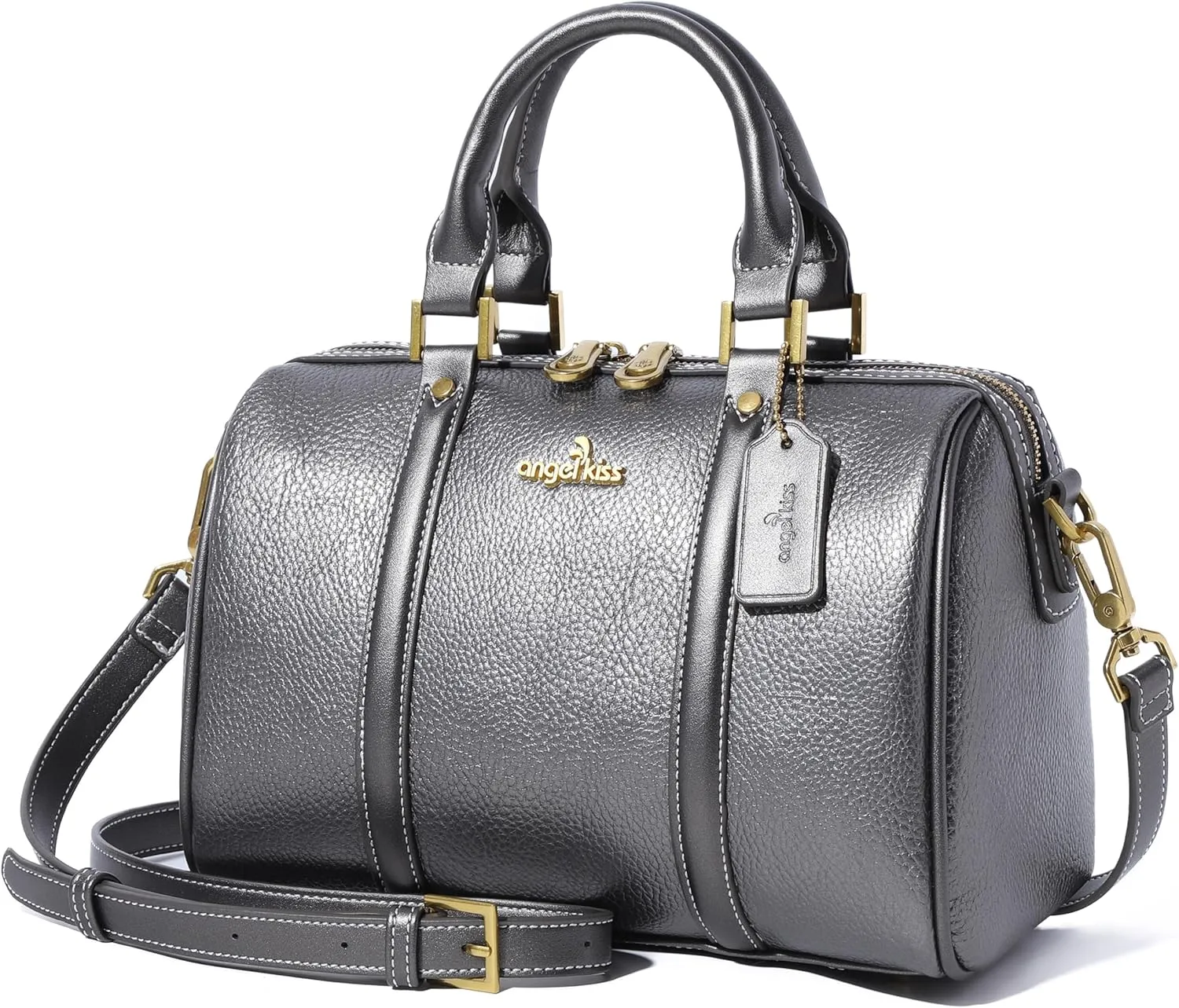 Angel Kiss Women Satchel Purses and Handbags Vegan Leather Boston Barrel Bag Top Handle Shoulder Purse with Crossbody Strap