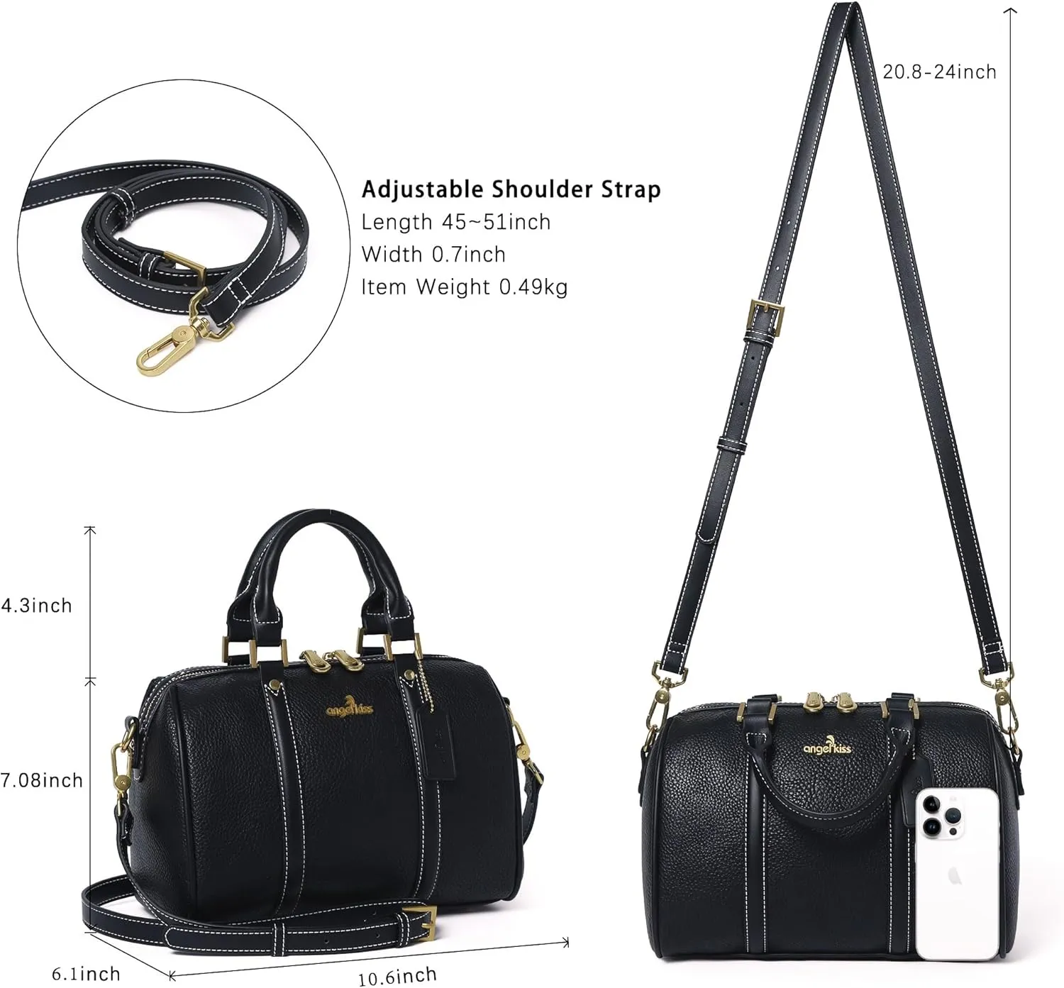 Angel Kiss Women Satchel Purses and Handbags Vegan Leather Boston Barrel Bag Top Handle Shoulder Purse with Crossbody Strap