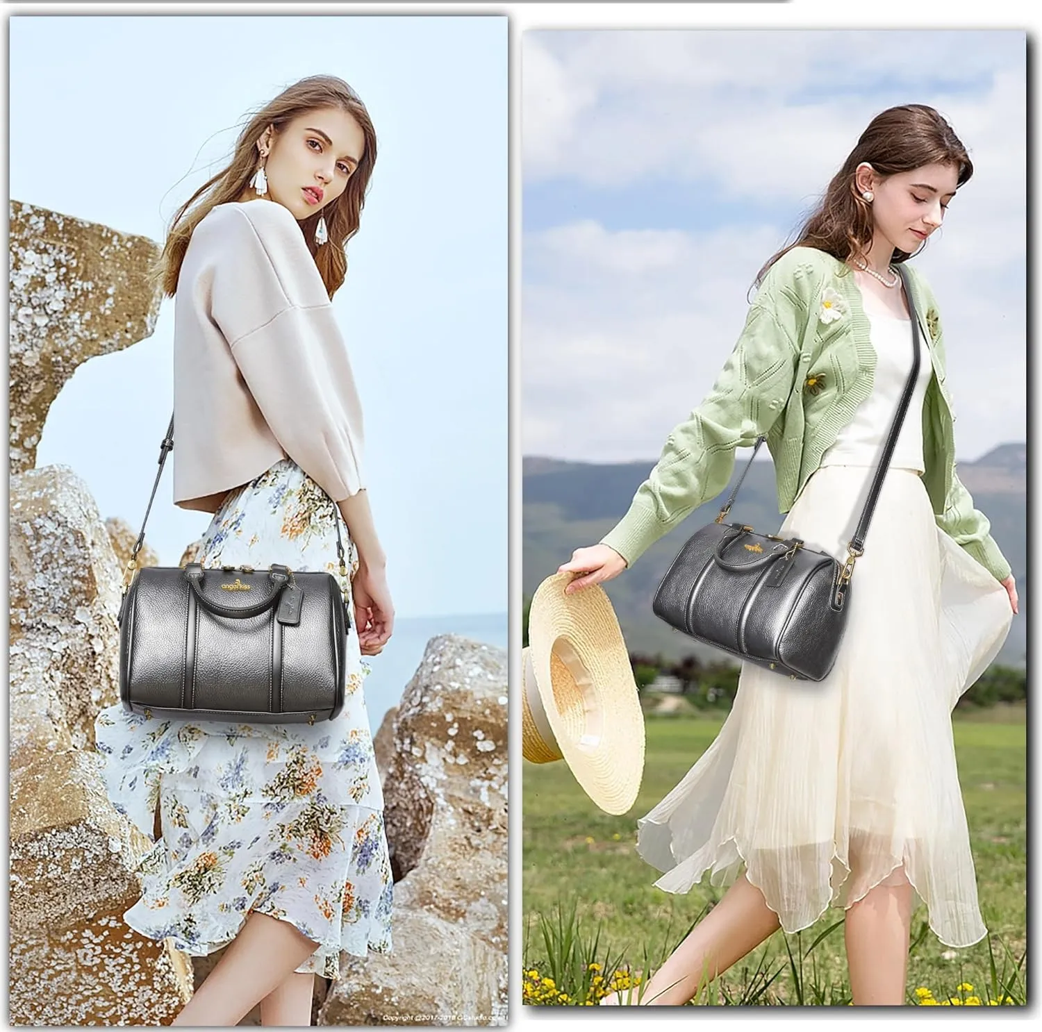 Angel Kiss Women Satchel Purses and Handbags Vegan Leather Boston Barrel Bag Top Handle Shoulder Purse with Crossbody Strap