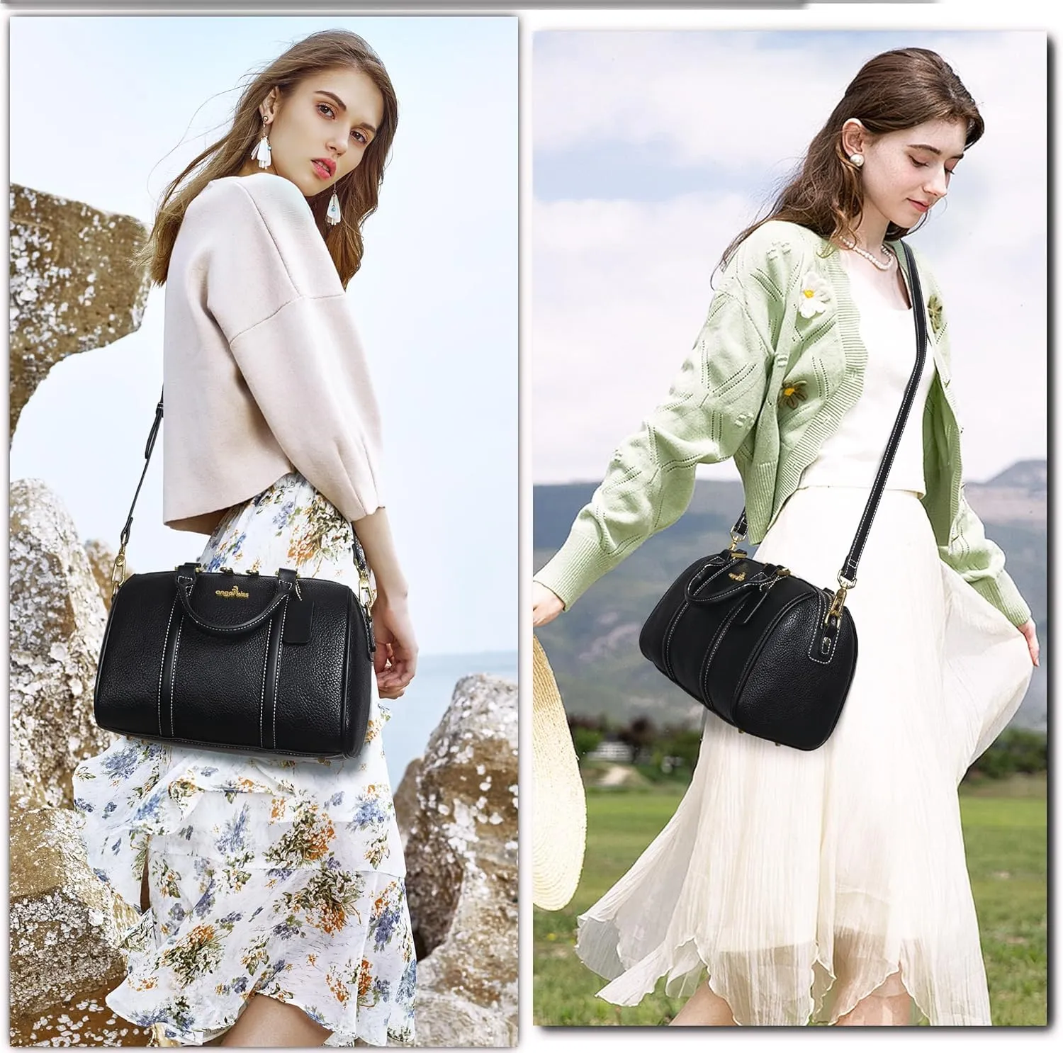 Angel Kiss Women Satchel Purses and Handbags Vegan Leather Boston Barrel Bag Top Handle Shoulder Purse with Crossbody Strap