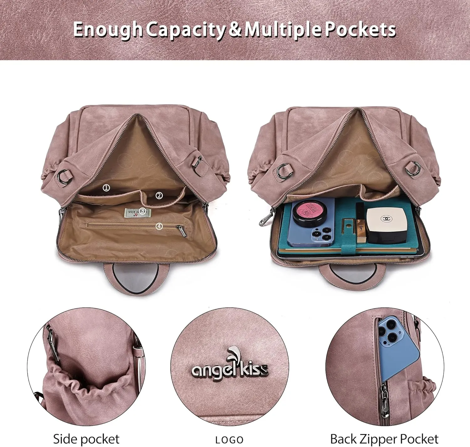 Angel Kiss Women's Backpacks & Purse - PU Leather Zipper Casual Backpacks & Shoulder Bags