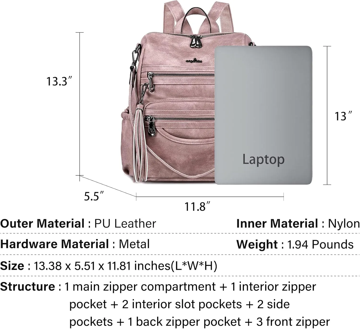 Angel Kiss Women's Backpacks & Purse - PU Leather Zipper Casual Backpacks & Shoulder Bags