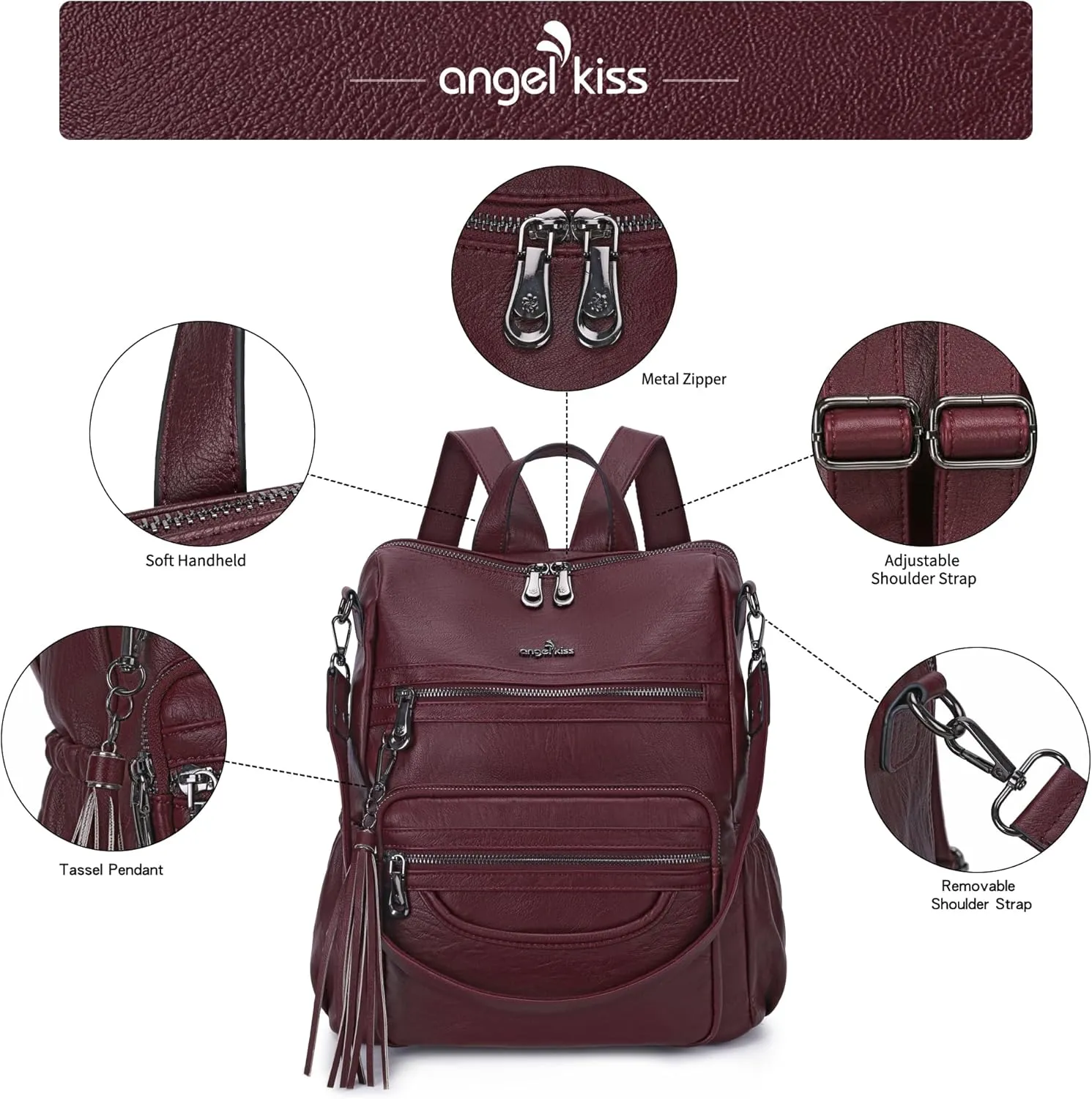 Angel Kiss Women's Backpacks & Purse - PU Leather Zipper Casual Backpacks & Shoulder Bags
