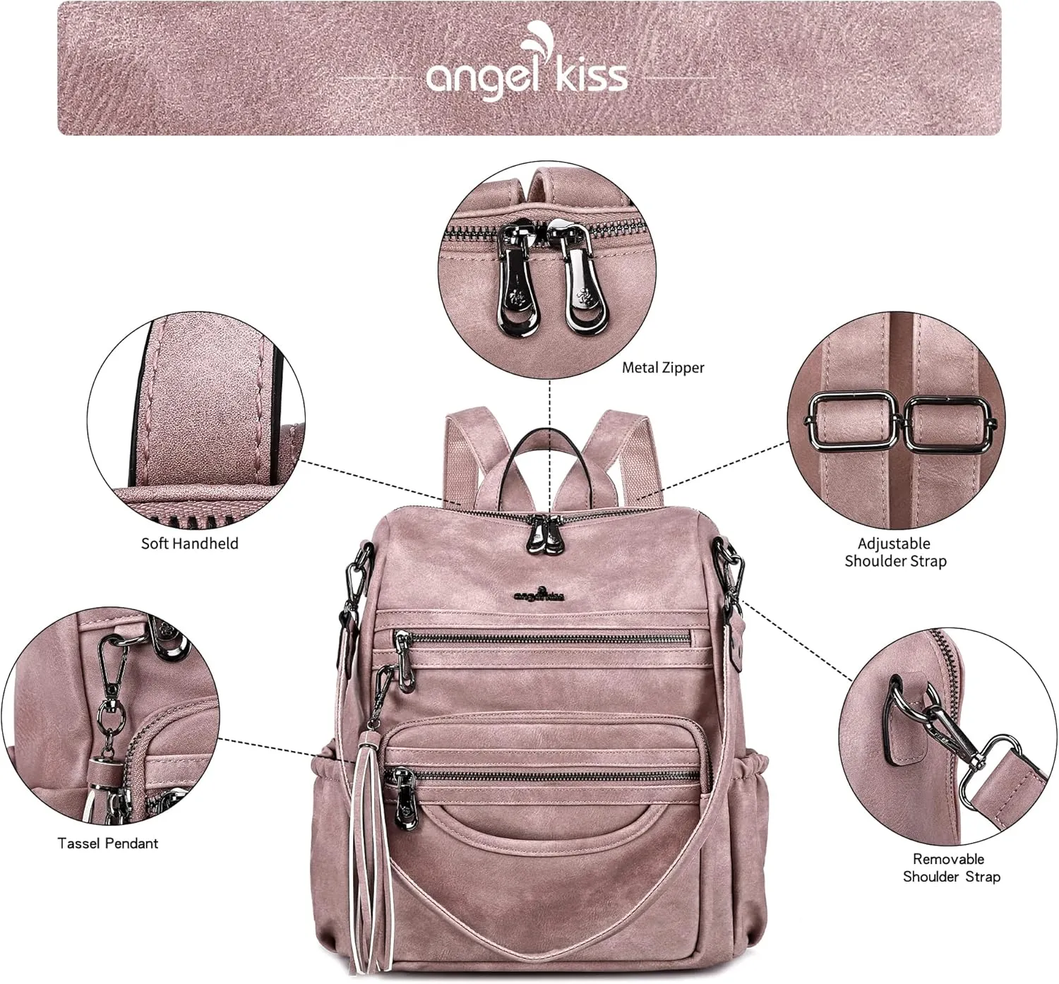 Angel Kiss Women's Backpacks & Purse - PU Leather Zipper Casual Backpacks & Shoulder Bags
