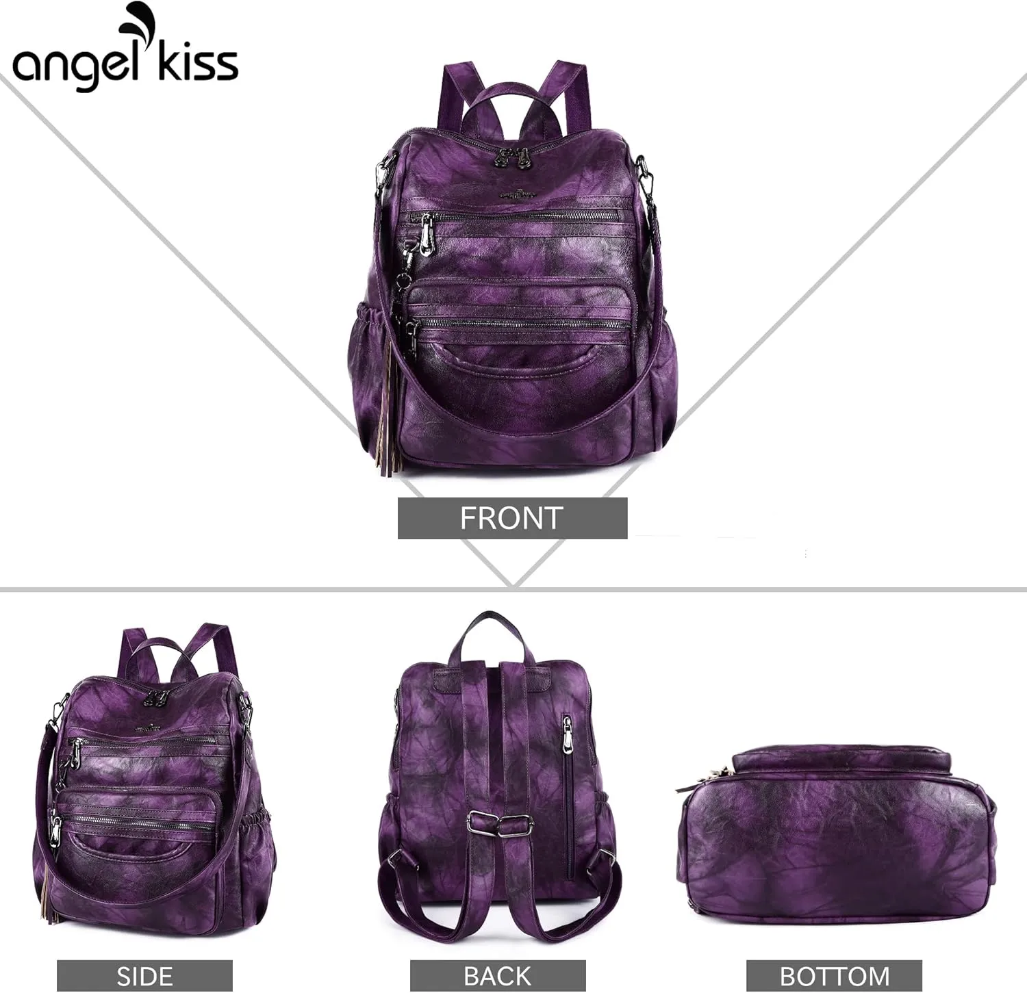 Angel Kiss Women's Backpacks & Purse - PU Leather Zipper Casual Backpacks & Shoulder Bags