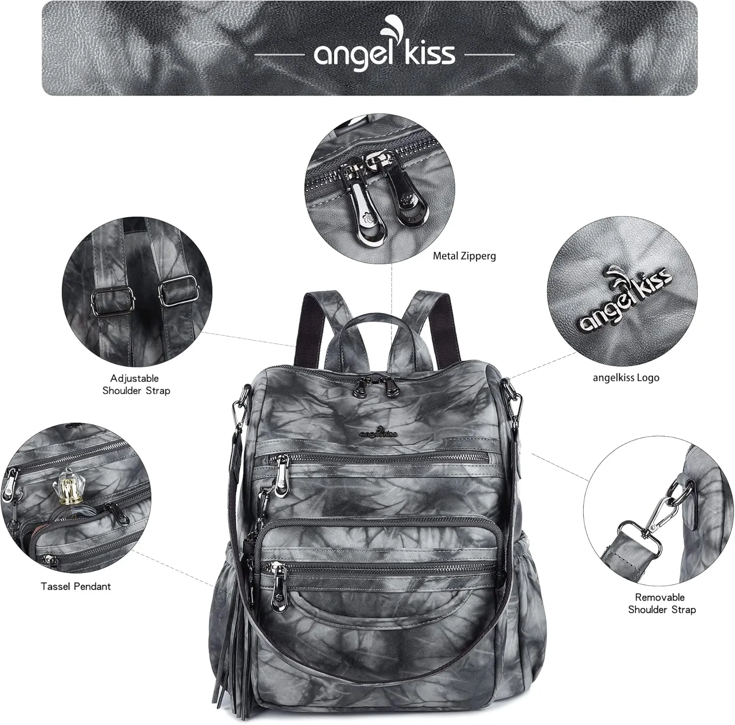 Angel Kiss Women's Backpacks & Purse - PU Leather Zipper Casual Backpacks & Shoulder Bags