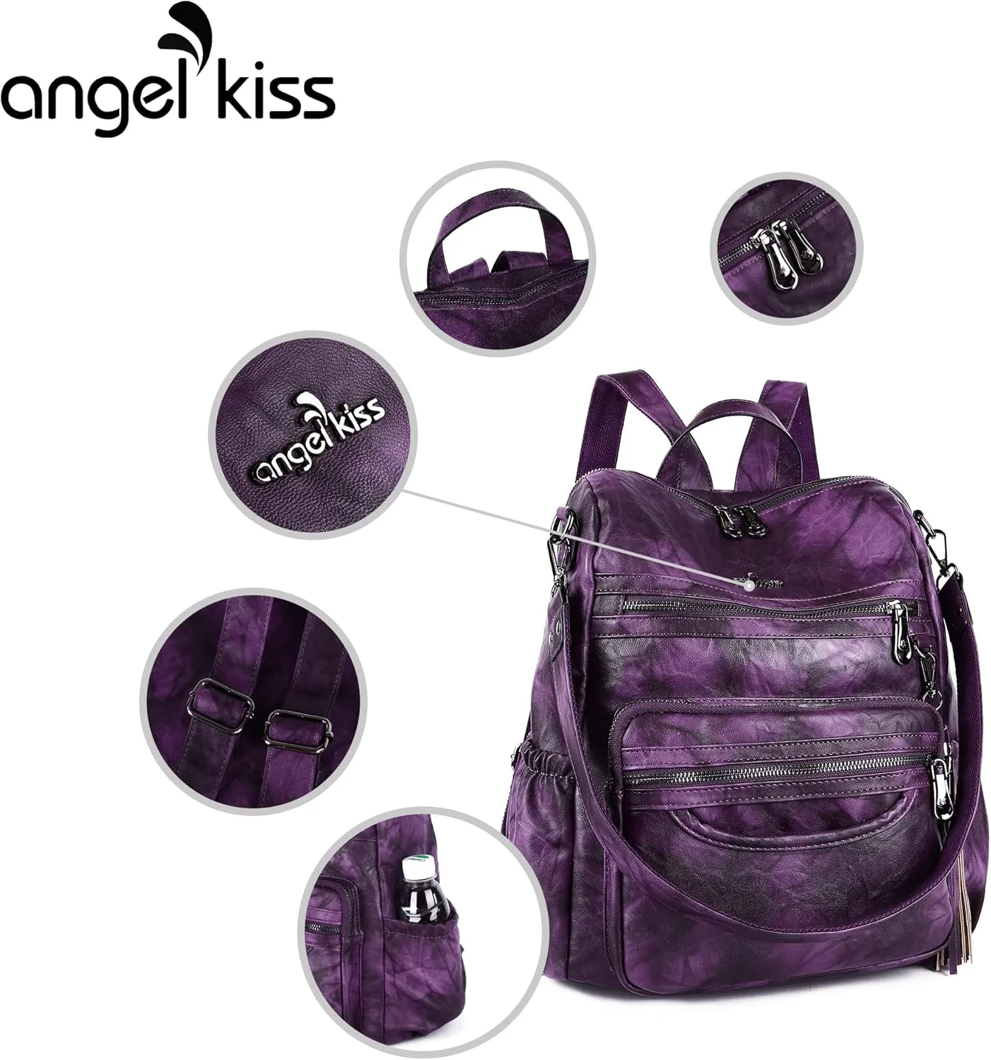 Angel Kiss Women's Backpacks & Purse - PU Leather Zipper Casual Backpacks & Shoulder Bags