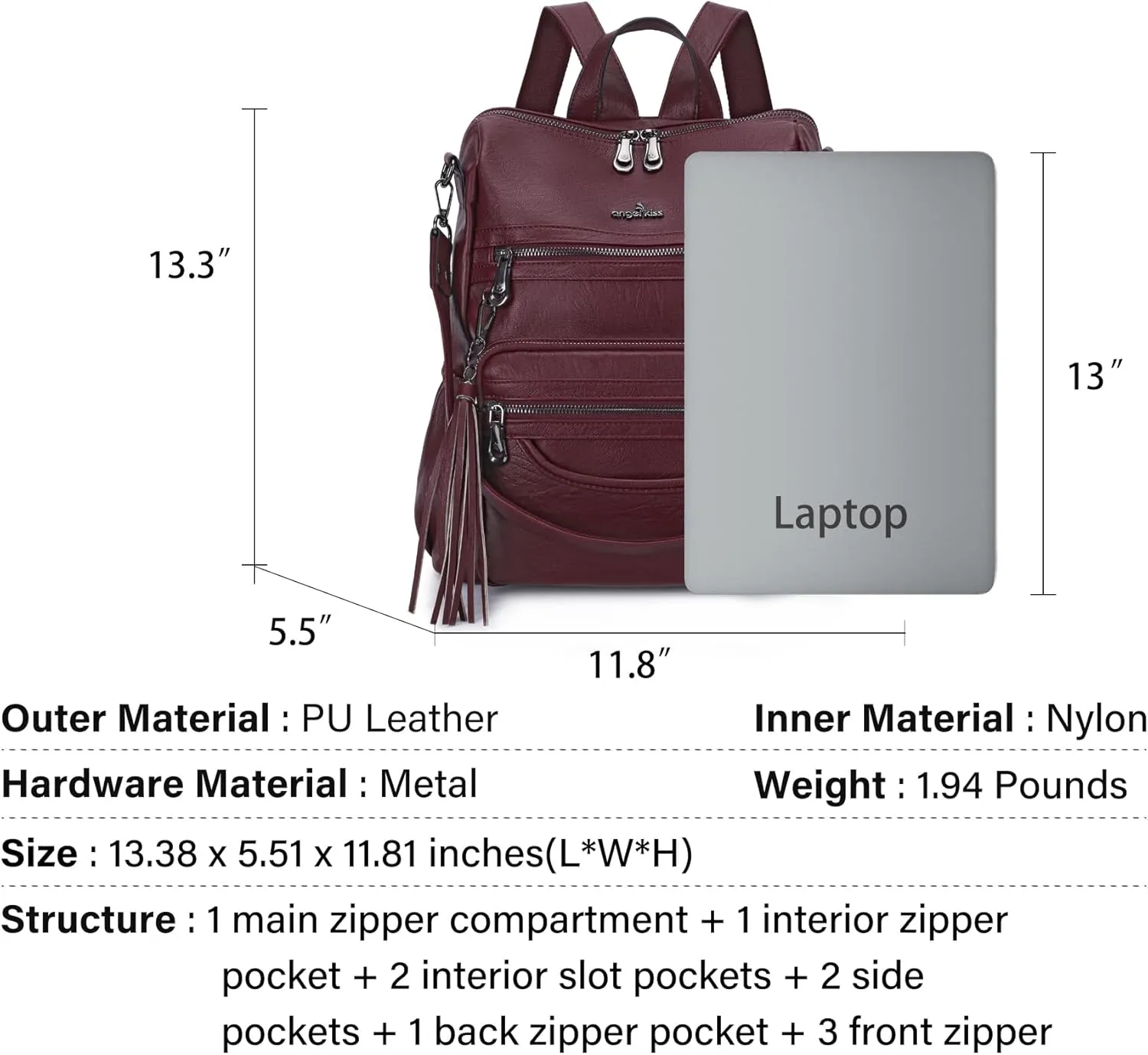 Angel Kiss Women's Backpacks & Purse - PU Leather Zipper Casual Backpacks & Shoulder Bags