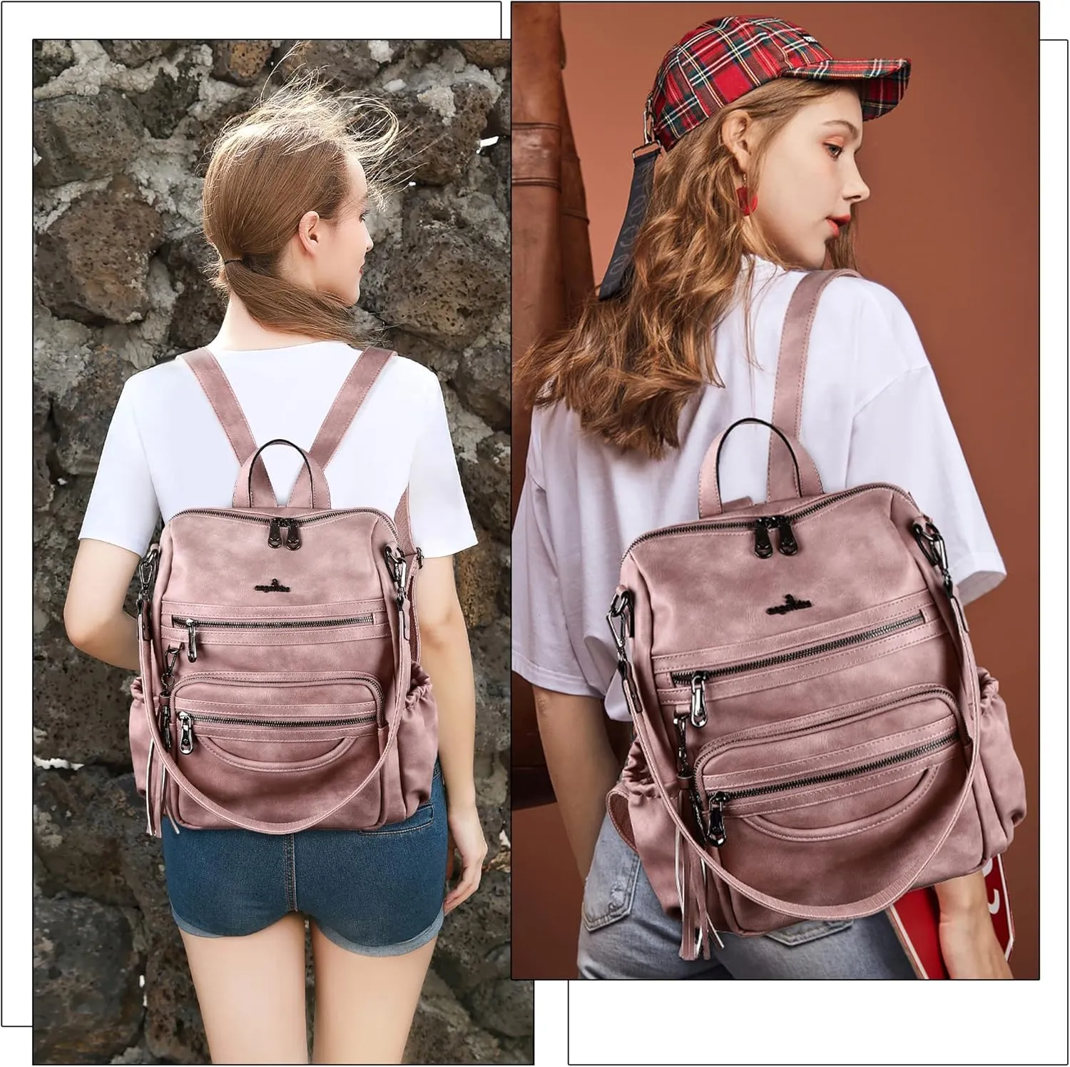 Angel Kiss Women's Backpacks & Purse - PU Leather Zipper Casual Backpacks & Shoulder Bags