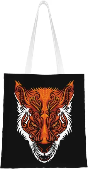 Angry Fox Head Tote Bag for Women Canvas Shopping Bags Reusable Large Capacity Casual Shoulder Handbags Grocery Bags