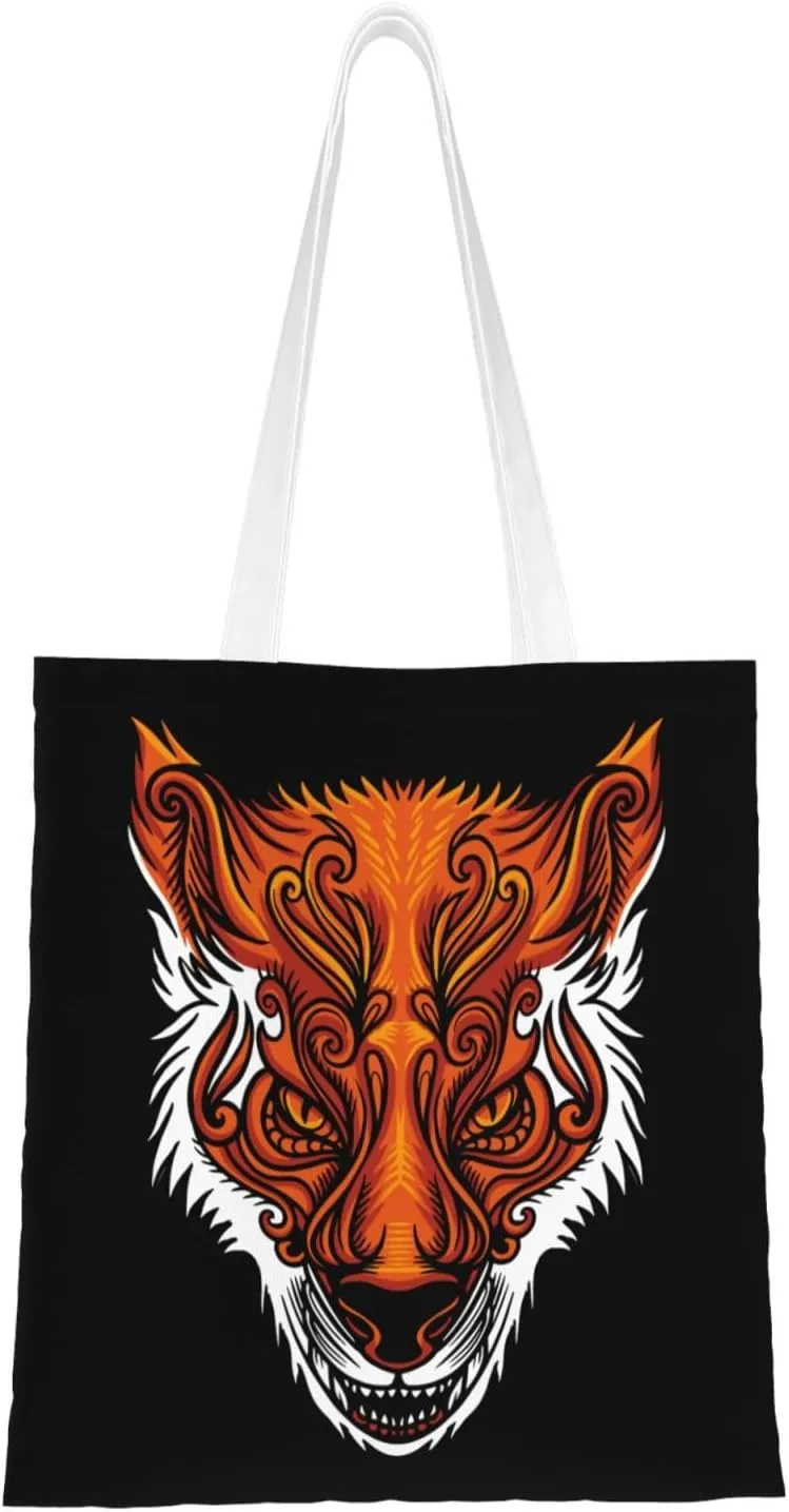 Angry Fox Head Tote Bag for Women Canvas Shopping Bags Reusable Large Capacity Casual Shoulder Handbags Grocery Bags
