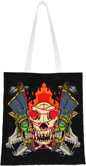 Angry Skull Tote Bag for Women Canvas Shopping Bags Reusable Large Capacity Casual Shoulder Handbags Grocery Bags DIY Gift Bags