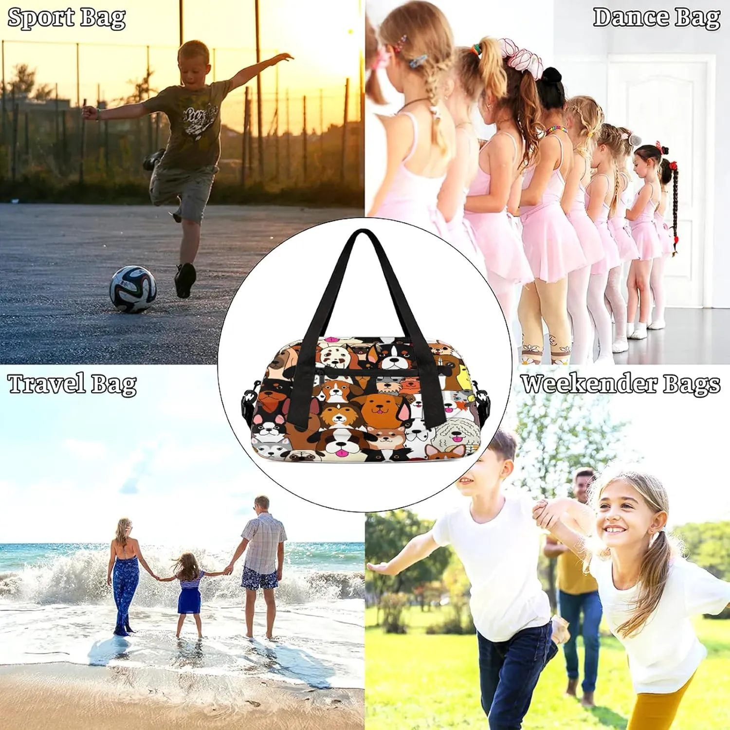Animal Dog Pattern Kids Duffel Bag Lightweight Waterproof Sports Gym Bag with Front Zipper Pocket Foldable Weekender Overnight Bag for School Practice Gymnastic Ballet