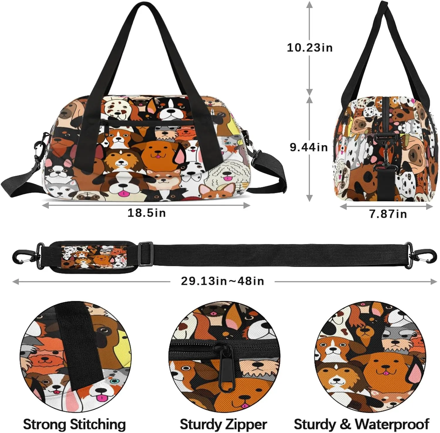 Animal Dog Pattern Kids Duffel Bag Lightweight Waterproof Sports Gym Bag with Front Zipper Pocket Foldable Weekender Overnight Bag for School Practice Gymnastic Ballet
