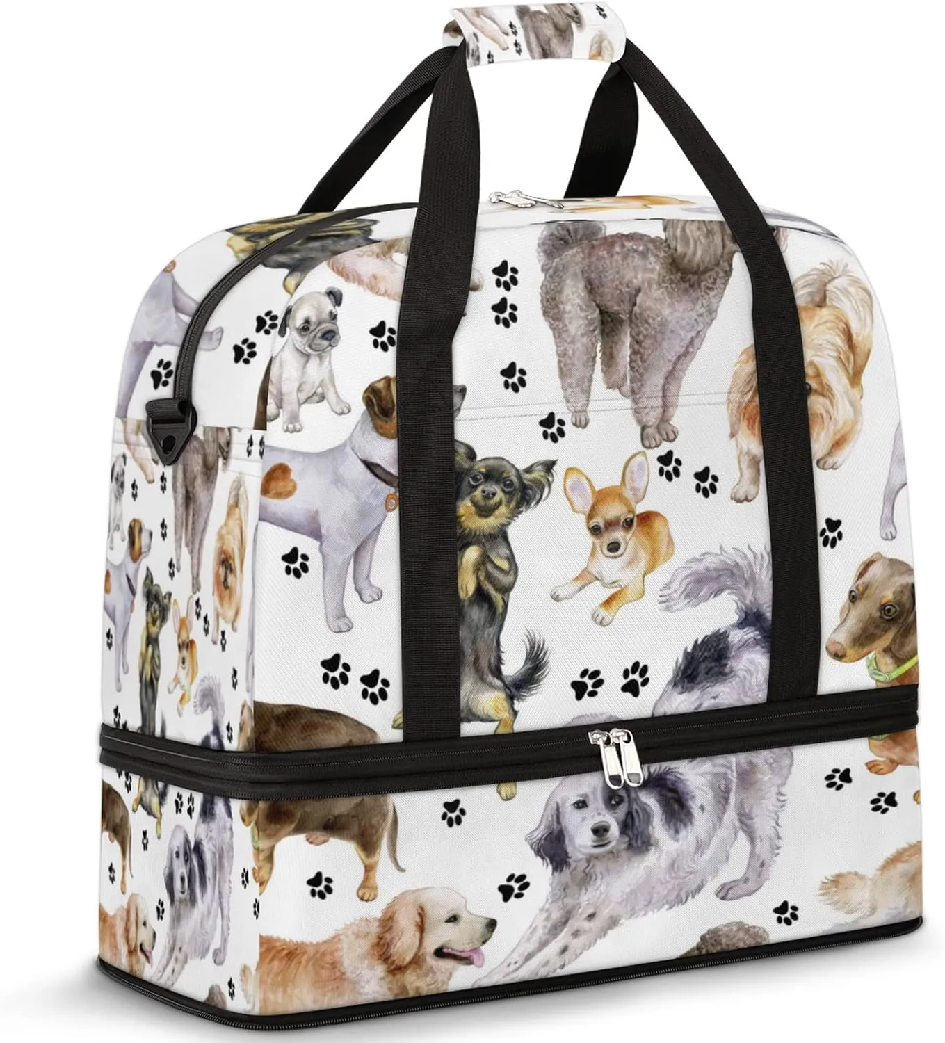Animal Dogs Footprints Foldable Travel Duffel Bag Tote Carry On Luggage Sport Duffle for Women Men Gym Bag Overnight Weekender Bags with Shoe Compartments & Shoulder Strap