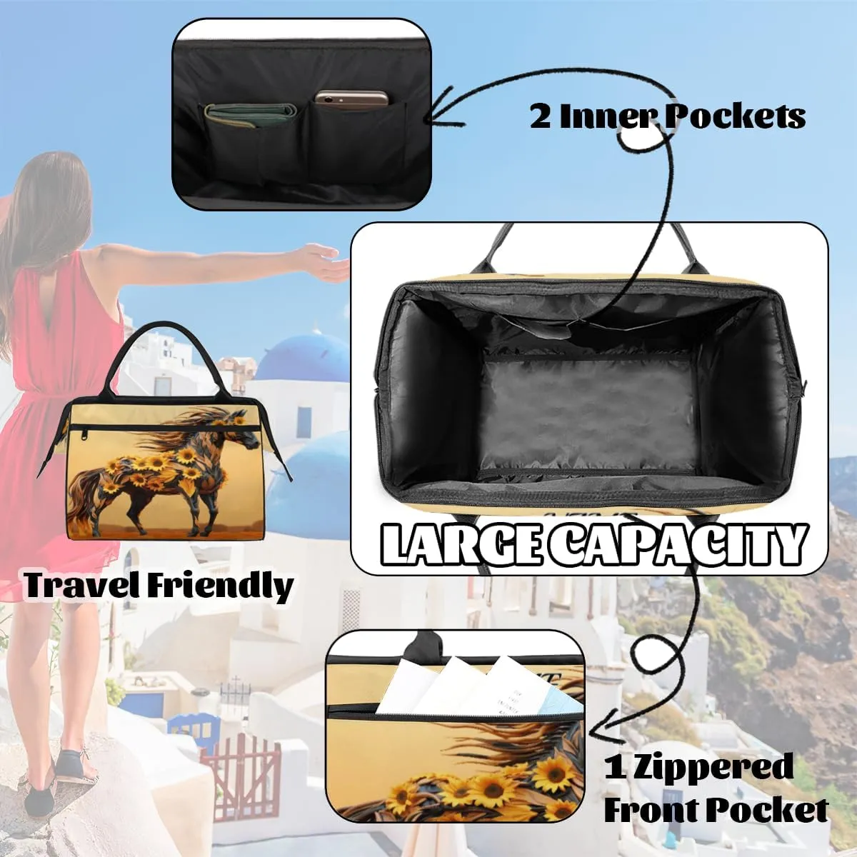 Animal Wild Horses Sunflower Travel Sports Bag for Women Essentials Customized Name Carry On Duffel Gym Bag Personalized Accessories Large Tote Weekender Bag Ladies Beach Waterproof Bag