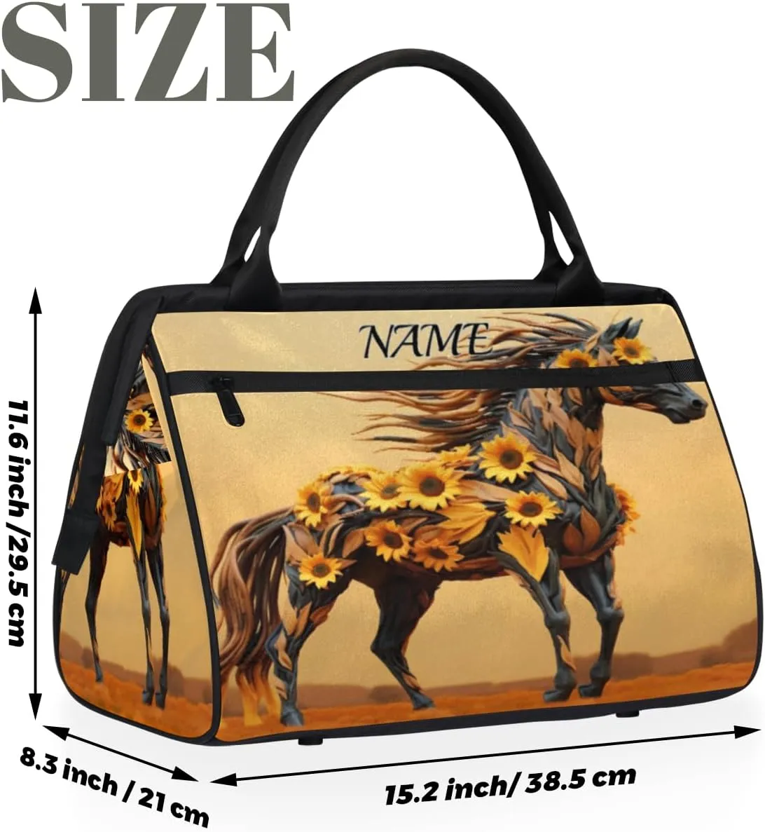Animal Wild Horses Sunflower Travel Sports Bag for Women Essentials Customized Name Carry On Duffel Gym Bag Personalized Accessories Large Tote Weekender Bag Ladies Beach Waterproof Bag