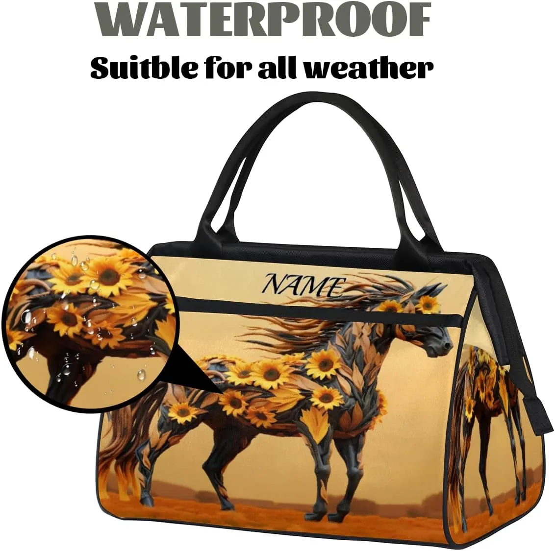 Animal Wild Horses Sunflower Travel Sports Bag for Women Essentials Customized Name Carry On Duffel Gym Bag Personalized Accessories Large Tote Weekender Bag Ladies Beach Waterproof Bag