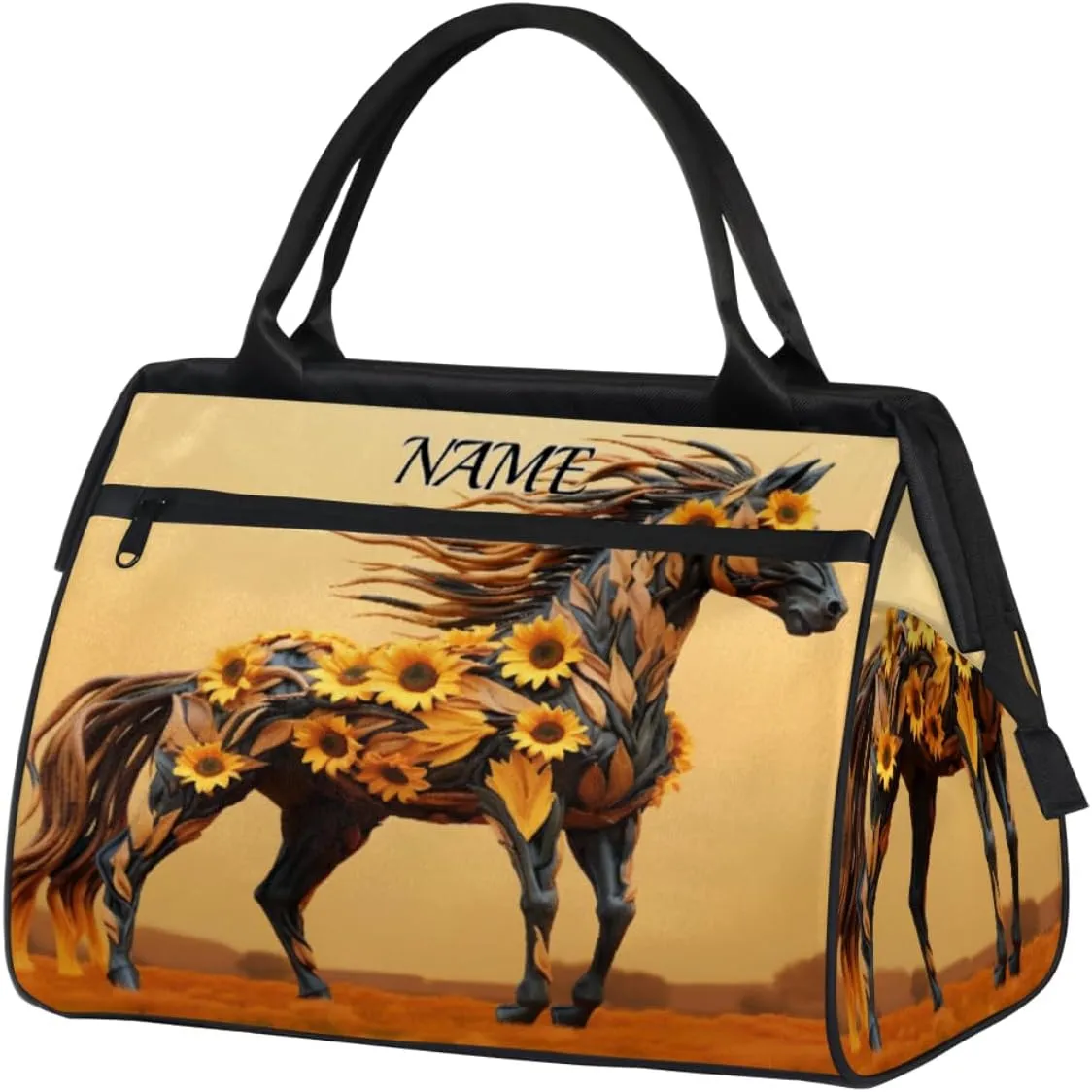Animal Wild Horses Sunflower Travel Sports Bag for Women Essentials Customized Name Carry On Duffel Gym Bag Personalized Accessories Large Tote Weekender Bag Ladies Beach Waterproof Bag
