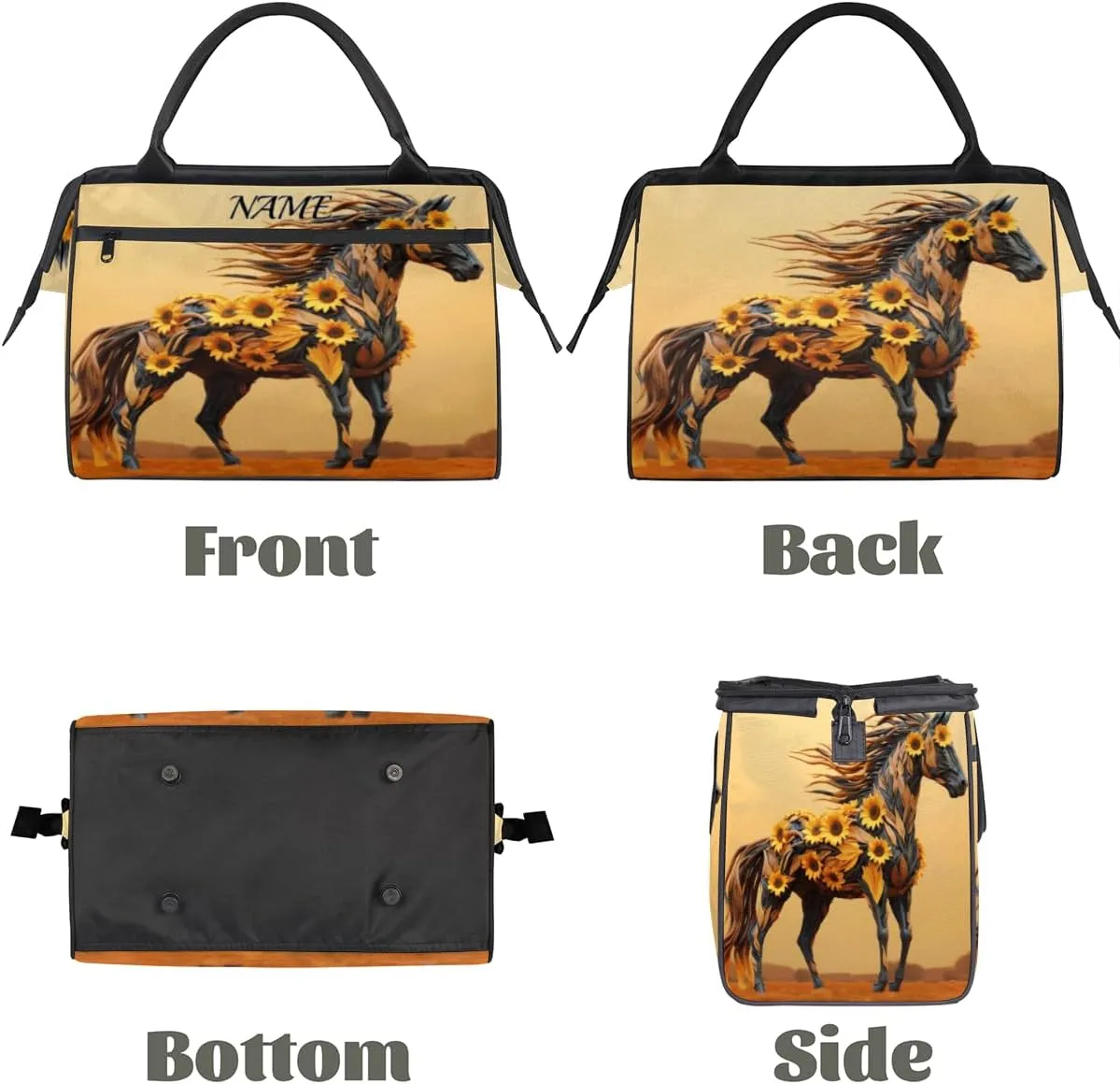 Animal Wild Horses Sunflower Travel Sports Bag for Women Essentials Customized Name Carry On Duffel Gym Bag Personalized Accessories Large Tote Weekender Bag Ladies Beach Waterproof Bag