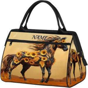 Animal Wild Horses Sunflower Travel Sports Bag for Women Essentials Customized Name Carry On Duffel Gym Bag Personalized Accessories Large Tote Weekender Bag Ladies Beach Waterproof Bag