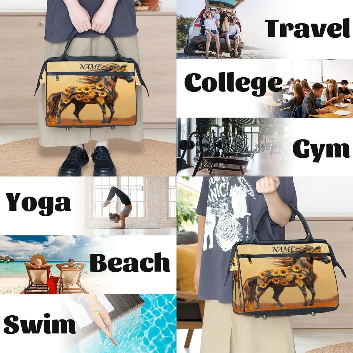 Animal Wild Horses Sunflower Travel Sports Bag for Women Essentials Customized Name Carry On Duffel Gym Bag Personalized Accessories Large Tote Weekender Bag Ladies Beach Waterproof Bag