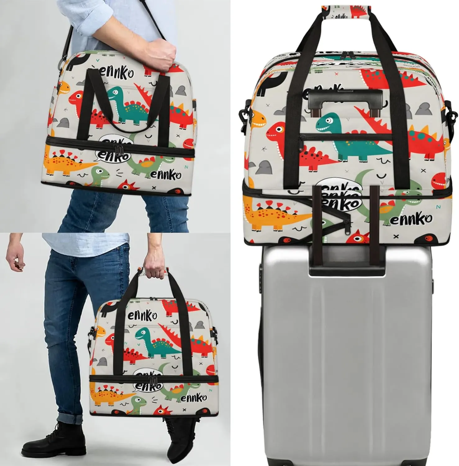 Animals Cartoon Dinosaur Travel Duffel Bags for Women & Men Large Sports Gym Bags Foldie Weekender Overnight Bag Carry On Tote Bag With Shoe Compartment Personal Item Bag for Travel Sports Gym
