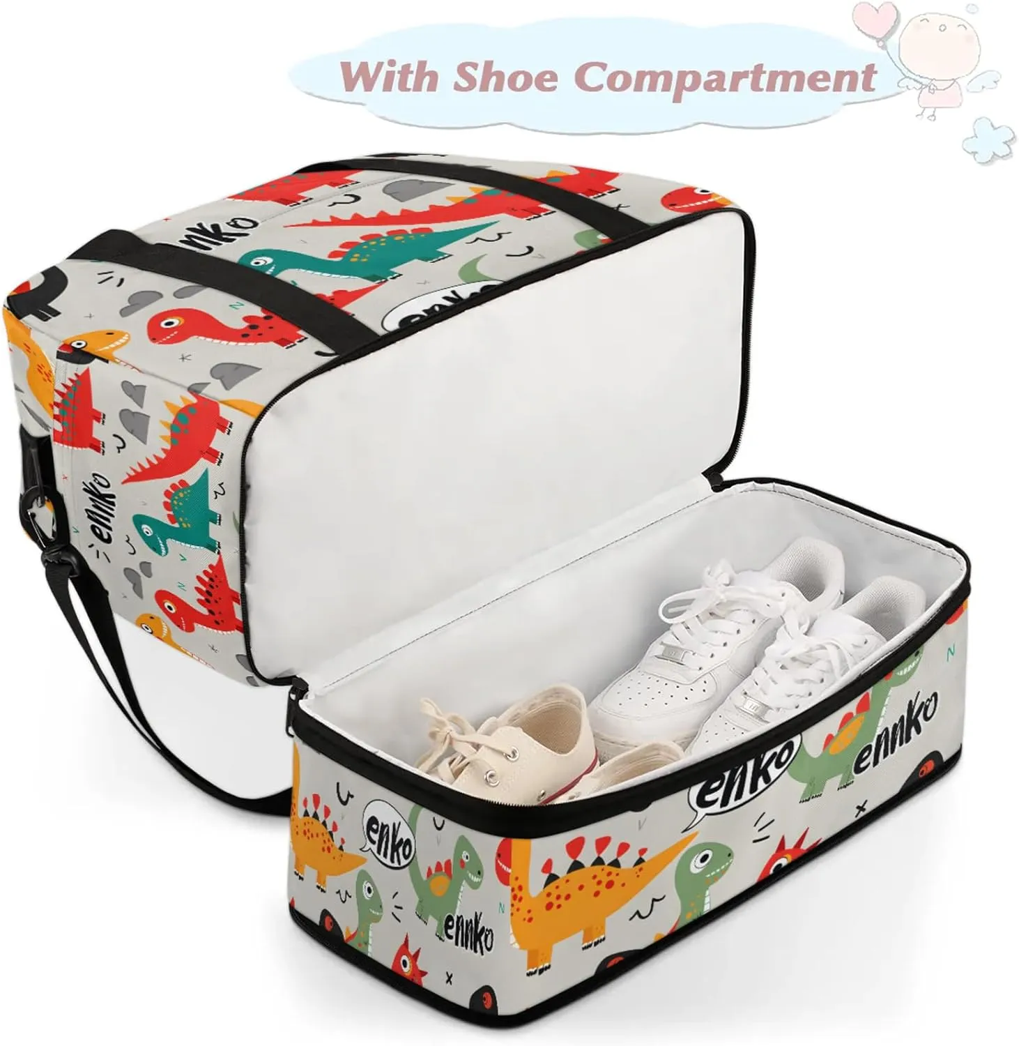 Animals Cartoon Dinosaur Travel Duffel Bags for Women & Men Large Sports Gym Bags Foldie Weekender Overnight Bag Carry On Tote Bag With Shoe Compartment Personal Item Bag for Travel Sports Gym