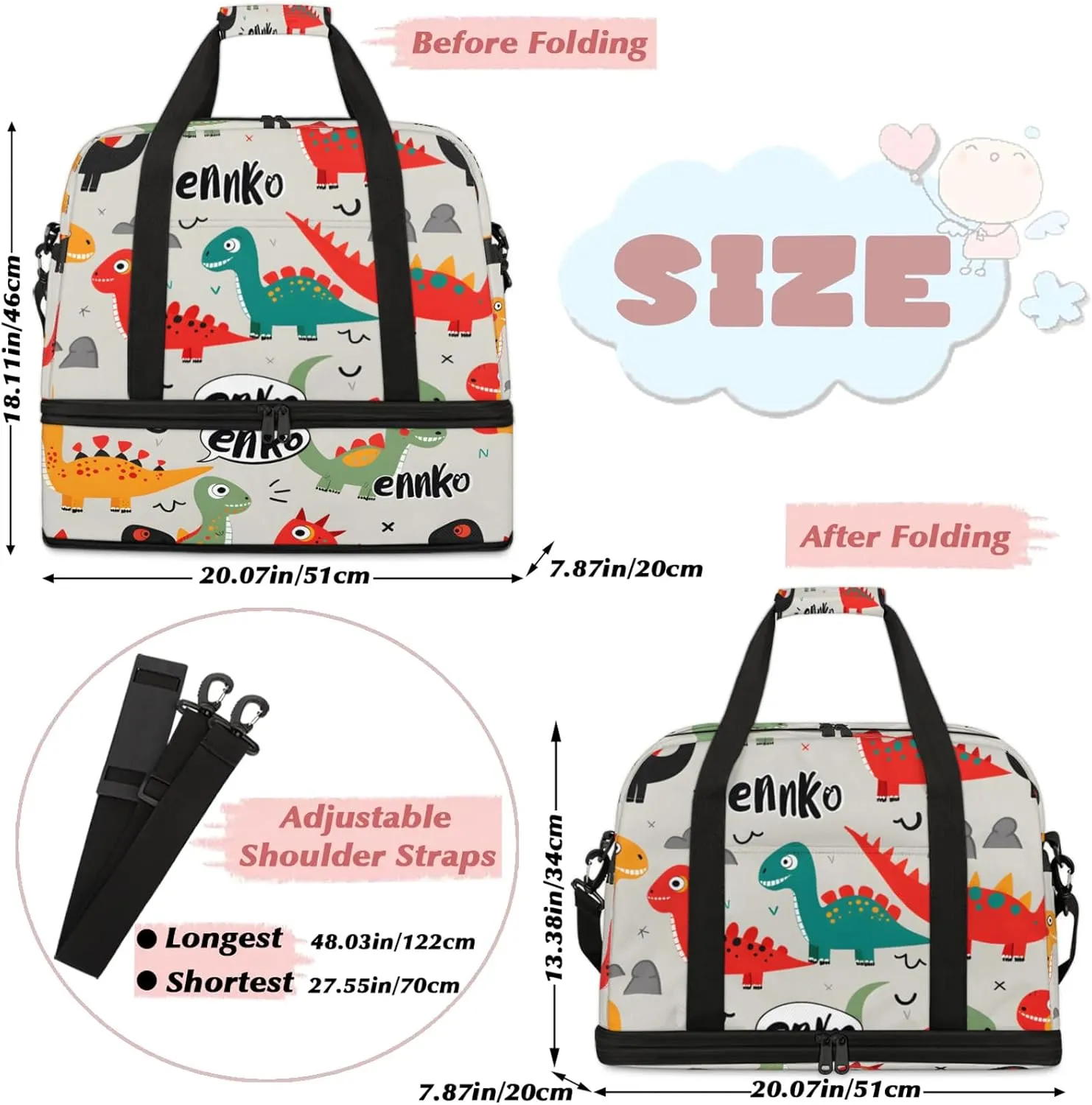 Animals Cartoon Dinosaur Travel Duffel Bags for Women & Men Large Sports Gym Bags Foldie Weekender Overnight Bag Carry On Tote Bag With Shoe Compartment Personal Item Bag for Travel Sports Gym