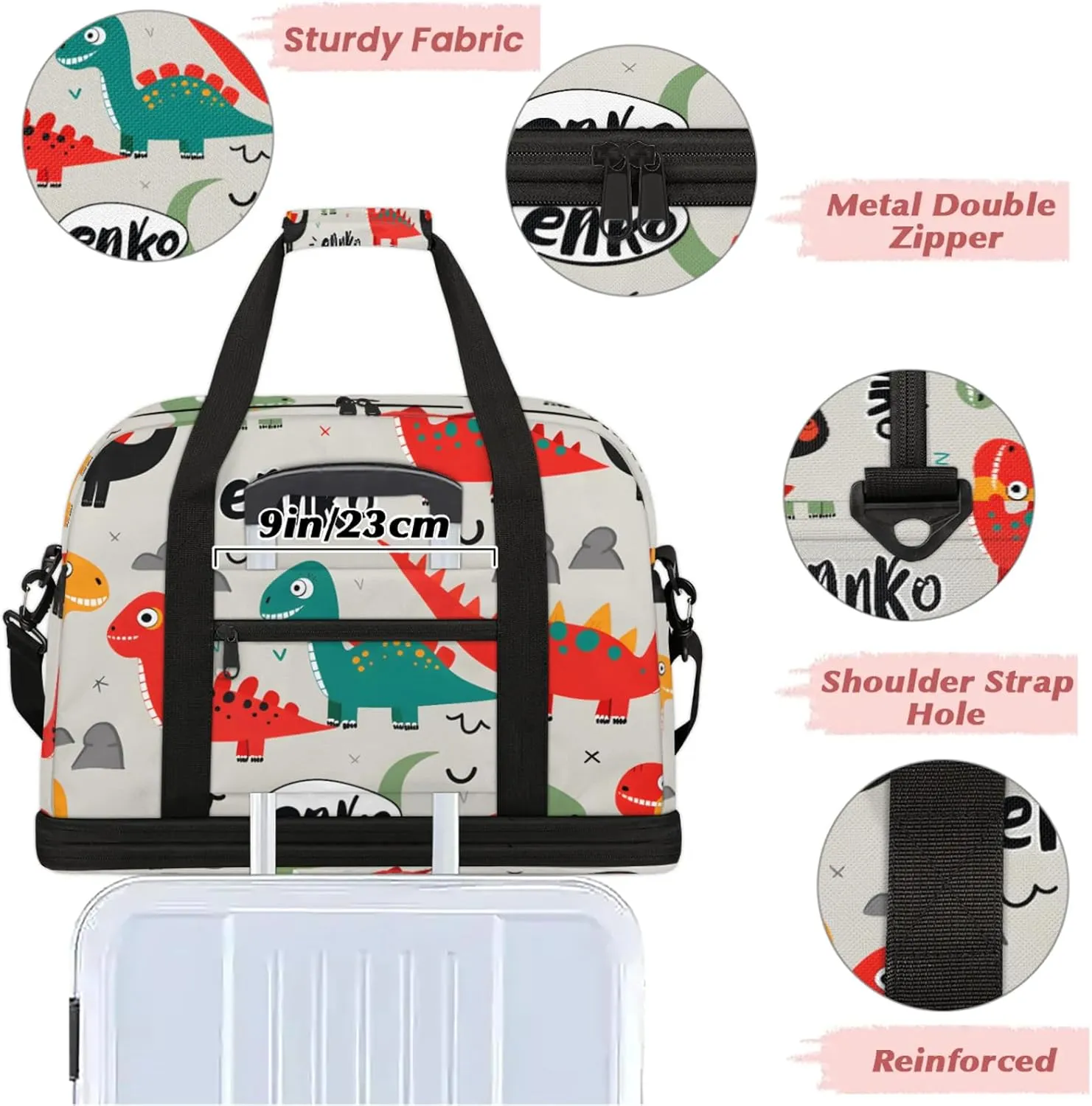 Animals Cartoon Dinosaur Travel Duffel Bags for Women & Men Large Sports Gym Bags Foldie Weekender Overnight Bag Carry On Tote Bag With Shoe Compartment Personal Item Bag for Travel Sports Gym