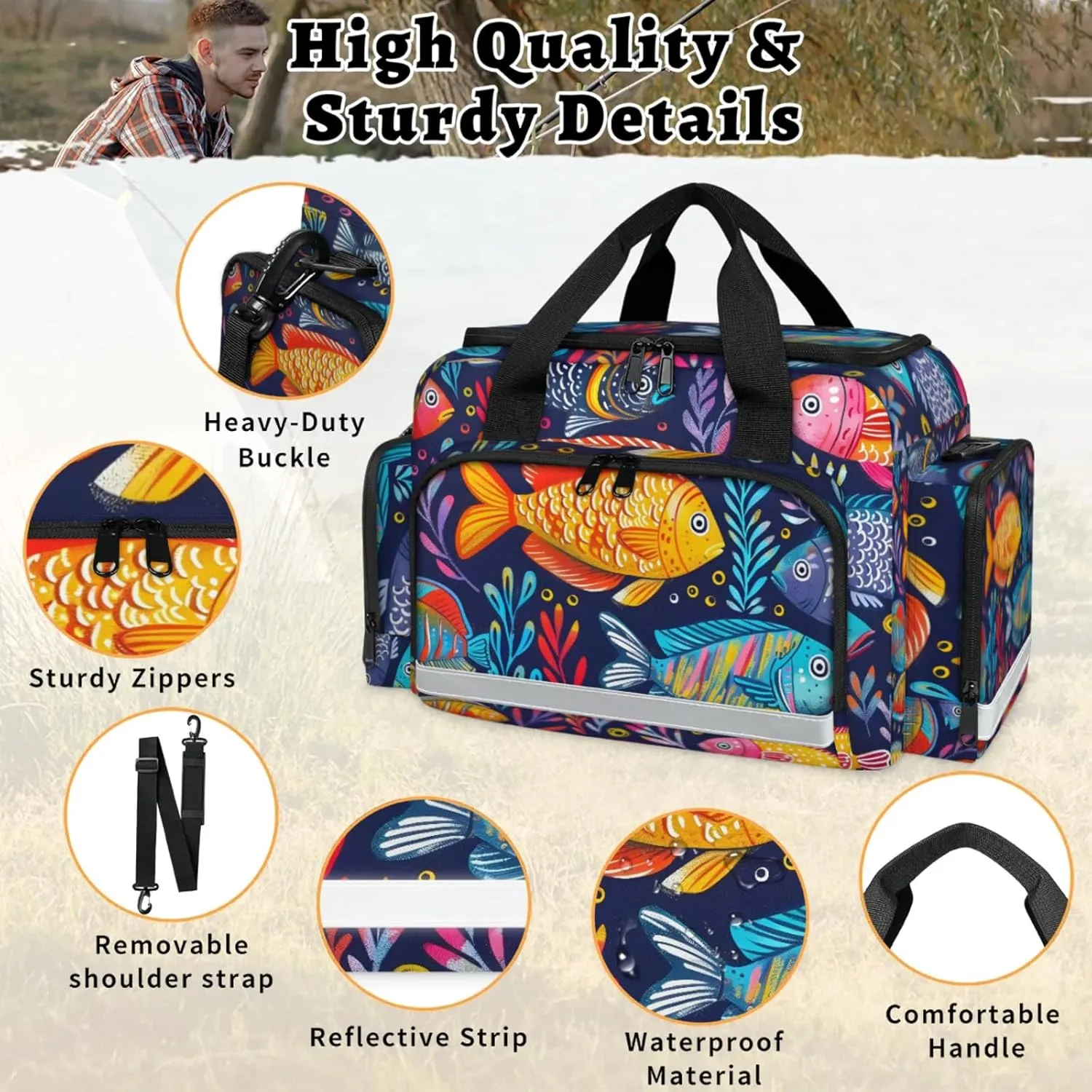 Anti-Scratch Duffle Bag for Travel 25x17.7x11.2 Inch - Waterproof Duffel Bag for Camping Fitness, Durable EMS Gear for First Responders Colorful Fishes