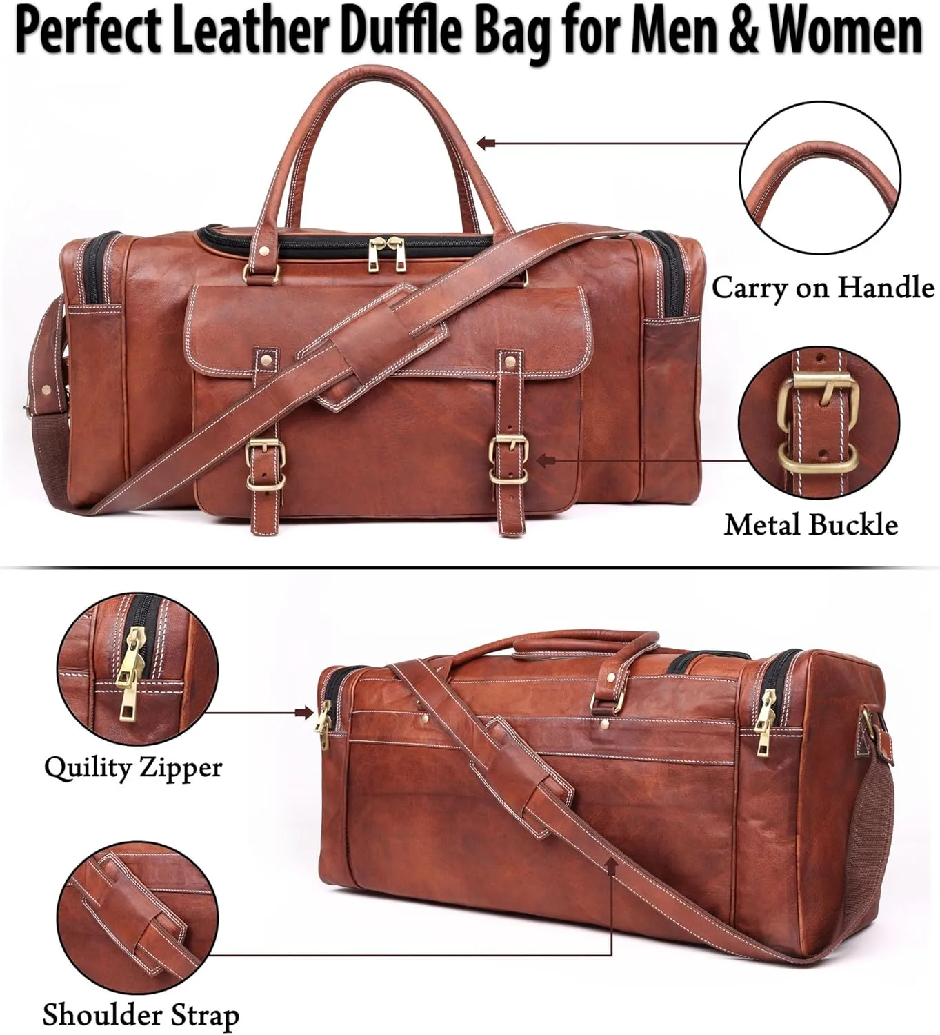 ANUENT 21 inch Leather Duffel Bag for Men Travel Vintage Carry on Duffle Bags for Airplanes Luggage Weekender Overnight Bag